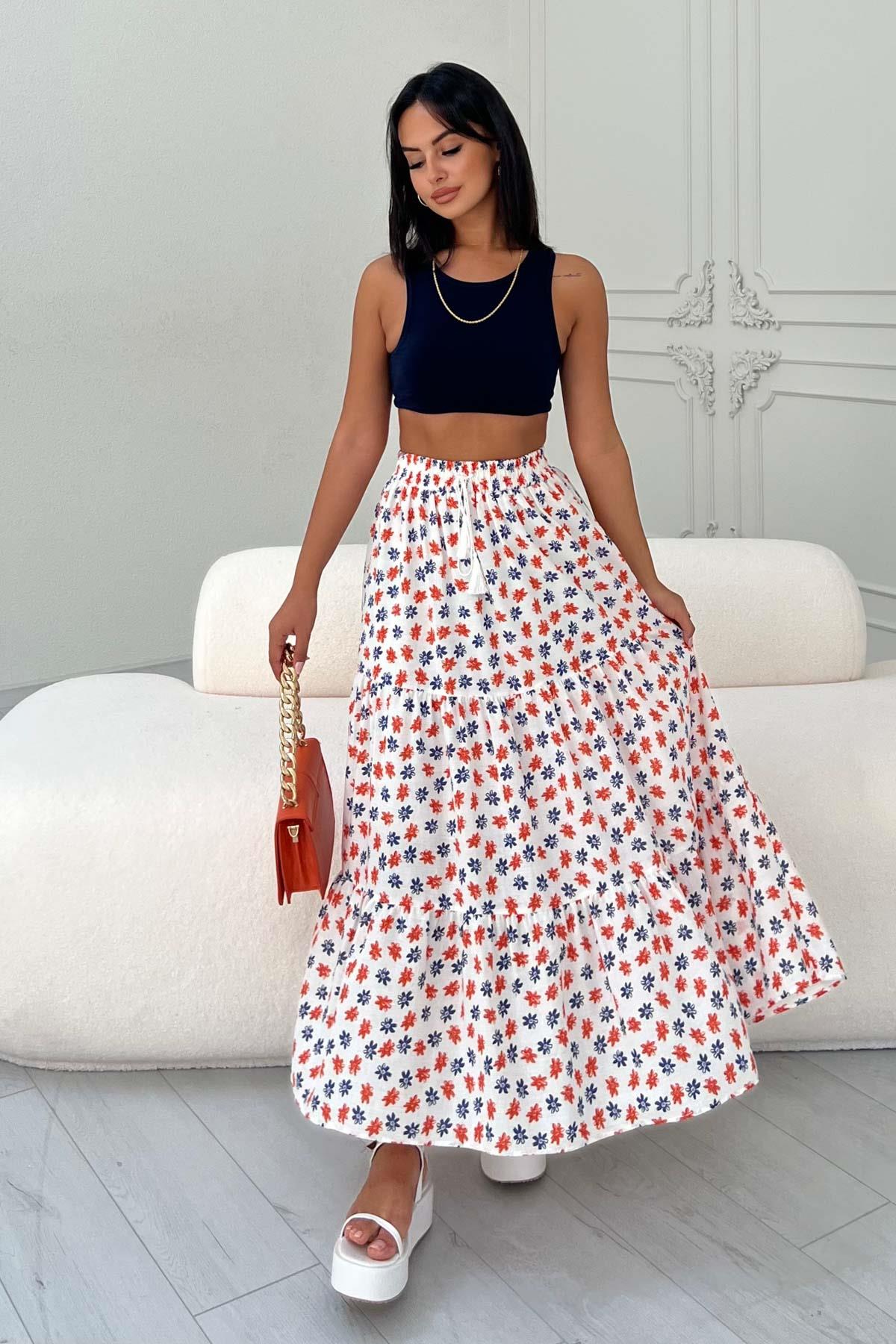 Kat Kat Çiçekli Etek İndigo