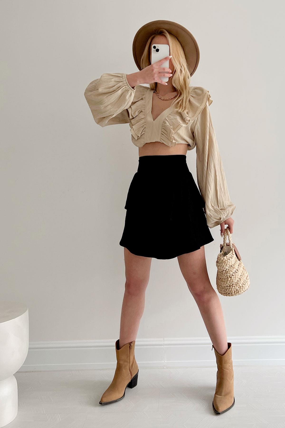 Katlı Mini Şort Etek Siyah