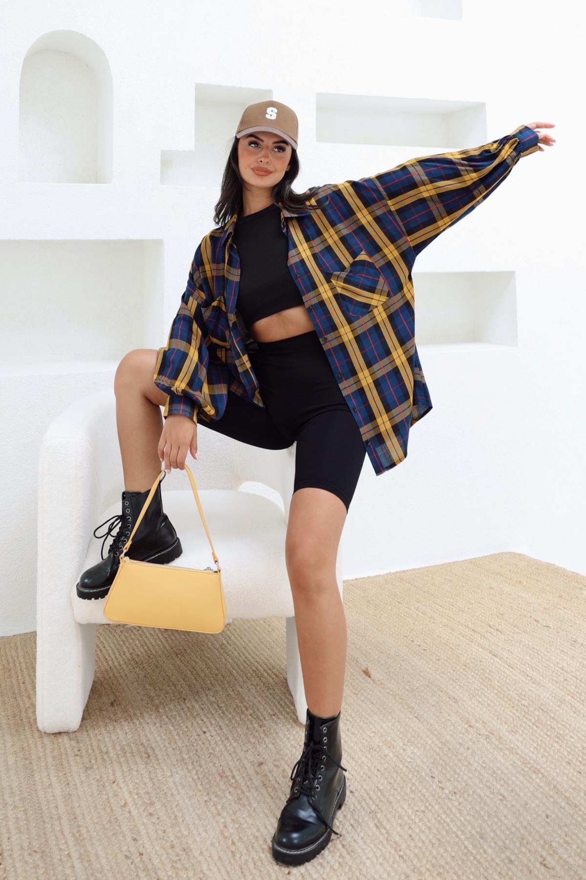 Çok Renkli Oversize Ekose Gömlek Lacivert