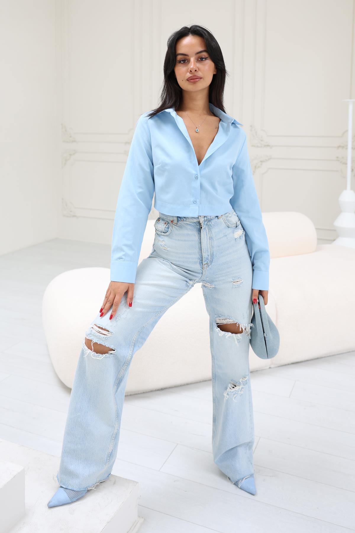 Dikiş Detaylı Crop Gömlek Bebe Mavisi