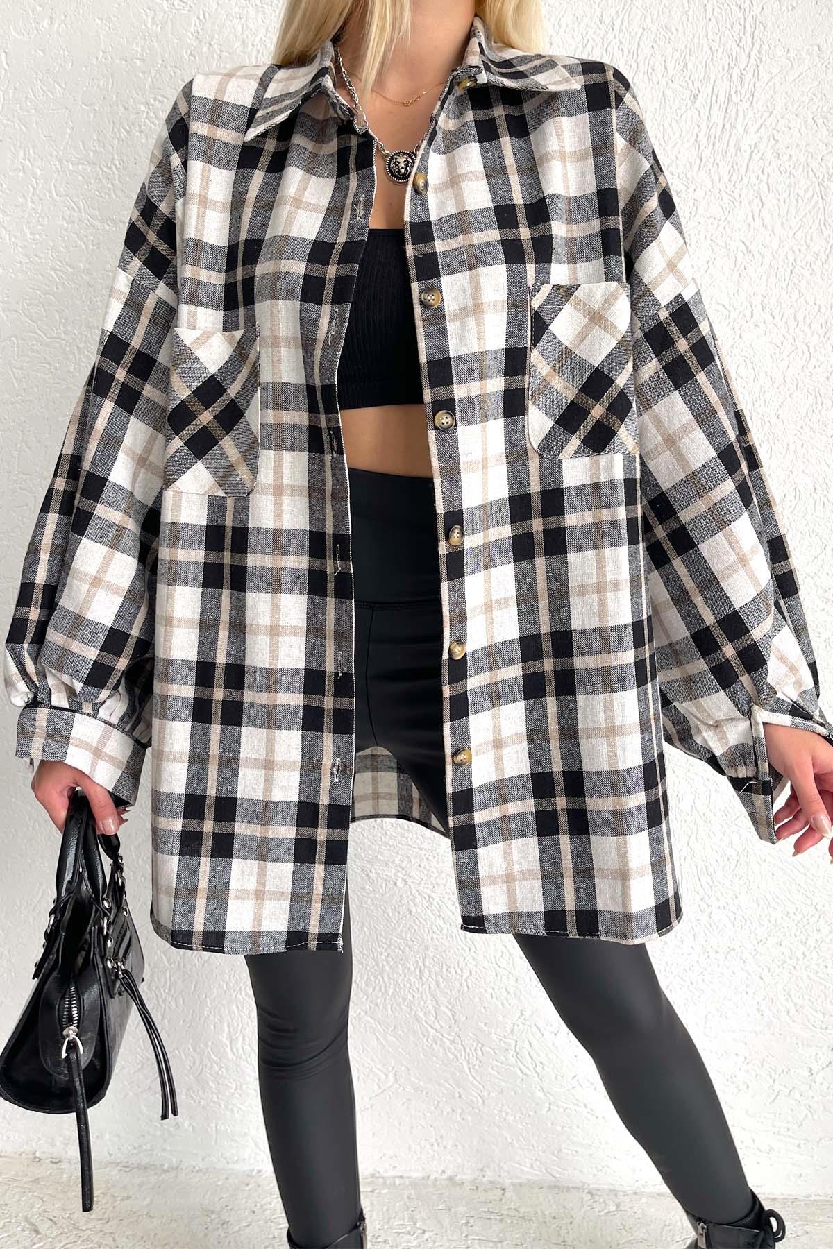 Plaid Balloon Sleeve Lumberjack Shirt Beige