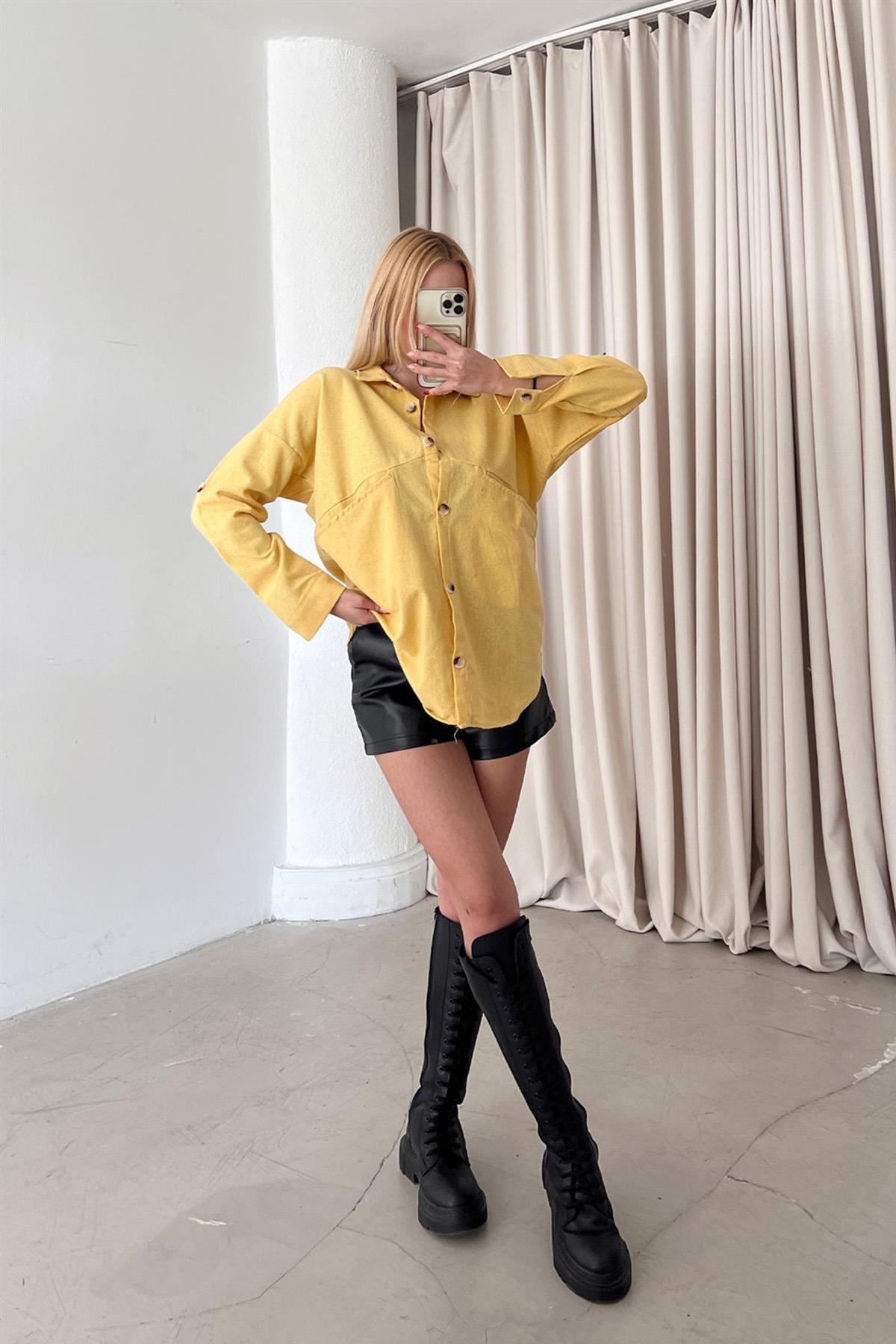 Kemik Düğme Çift Cep Detay Gömlek Sarı