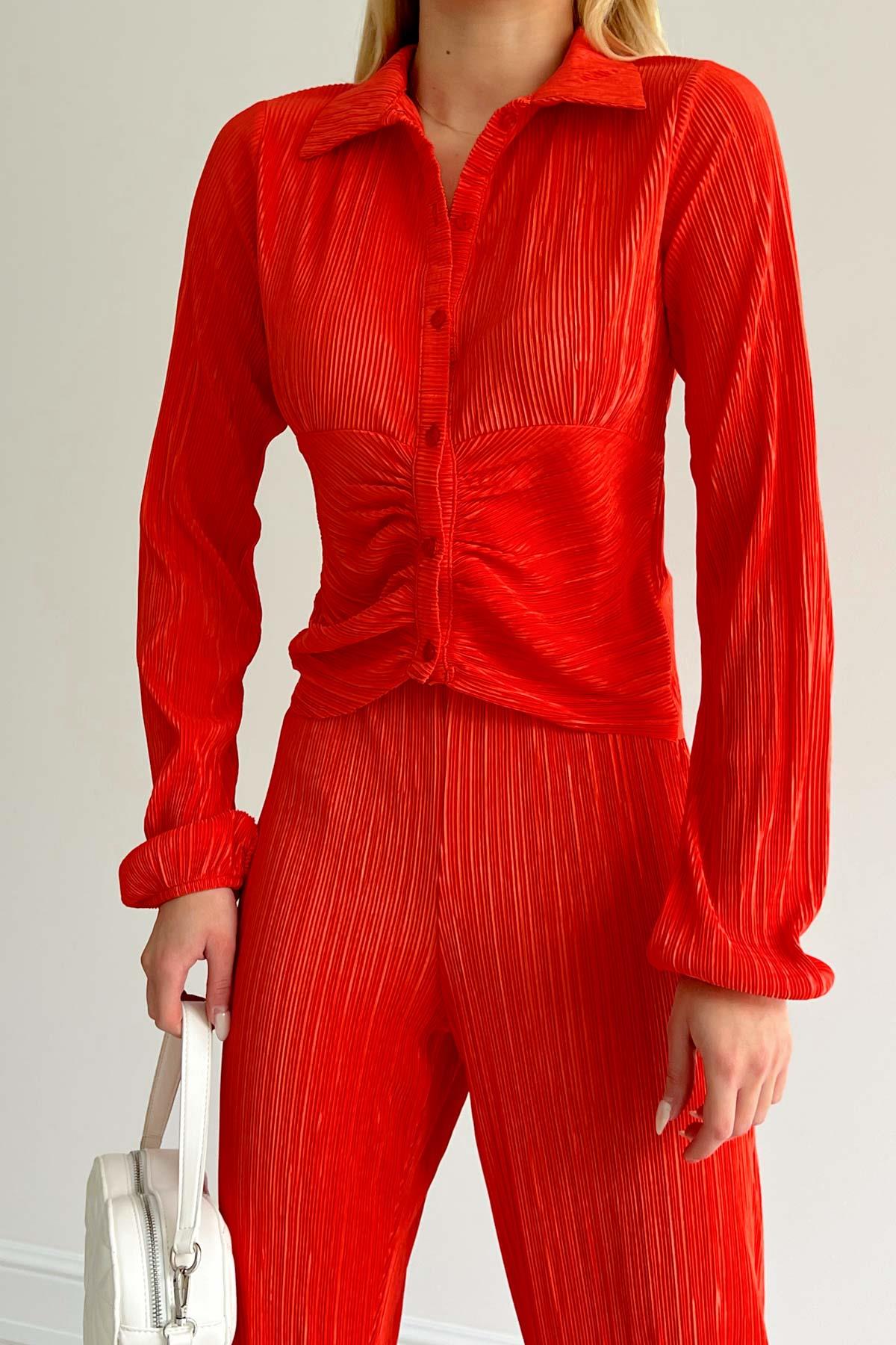 Kendinden Pliseli Gömlek Turuncu