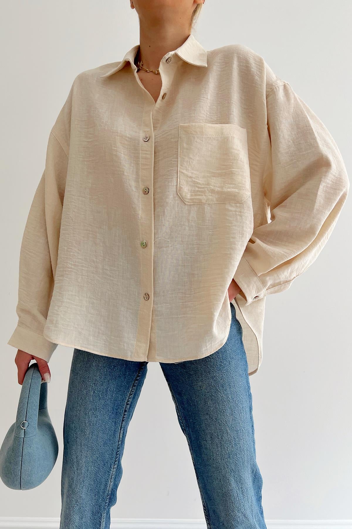 Manşetli Oversize Keten Gömlek Taş