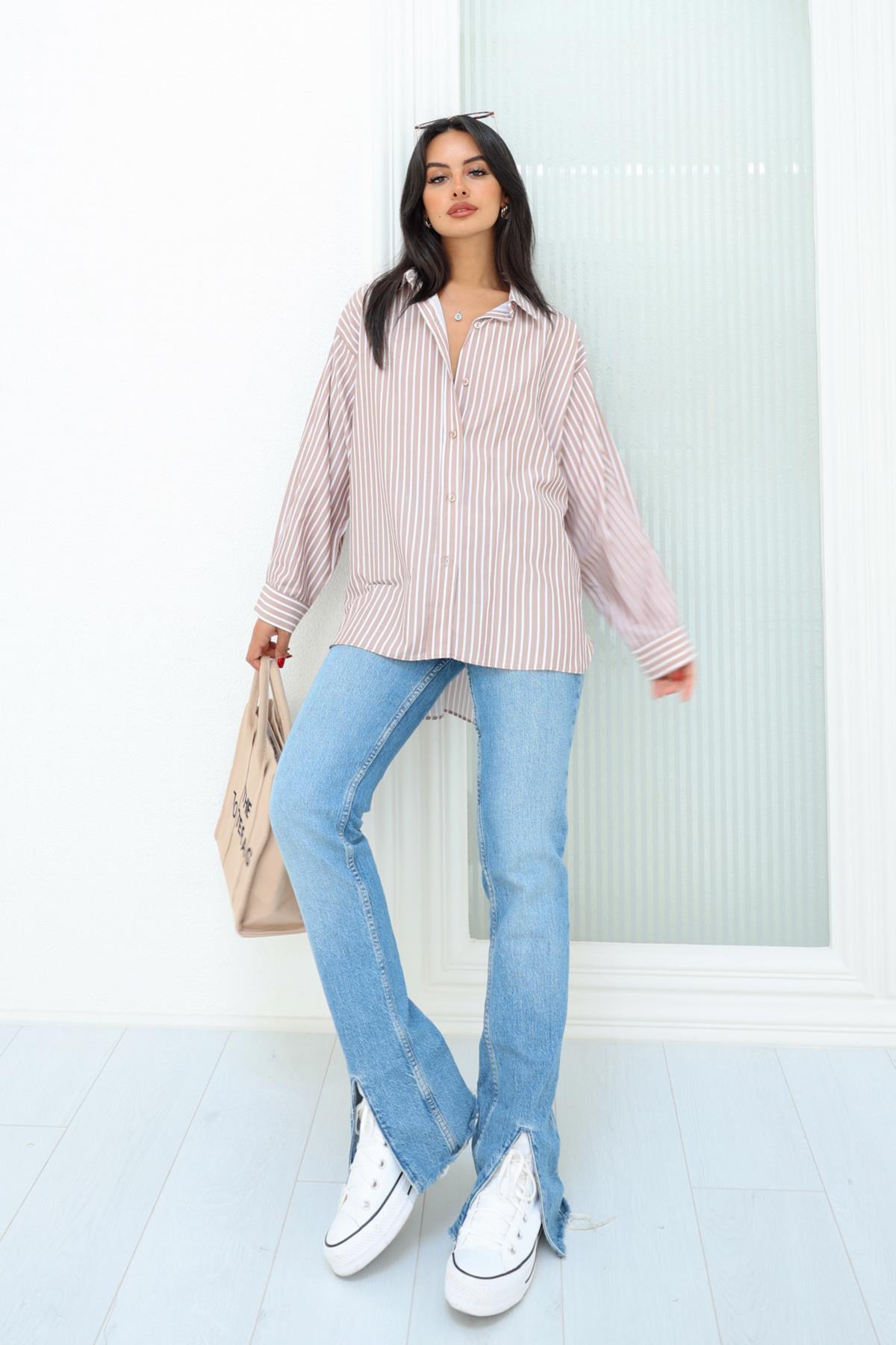 Oversize Çizgili Gömlek Bej