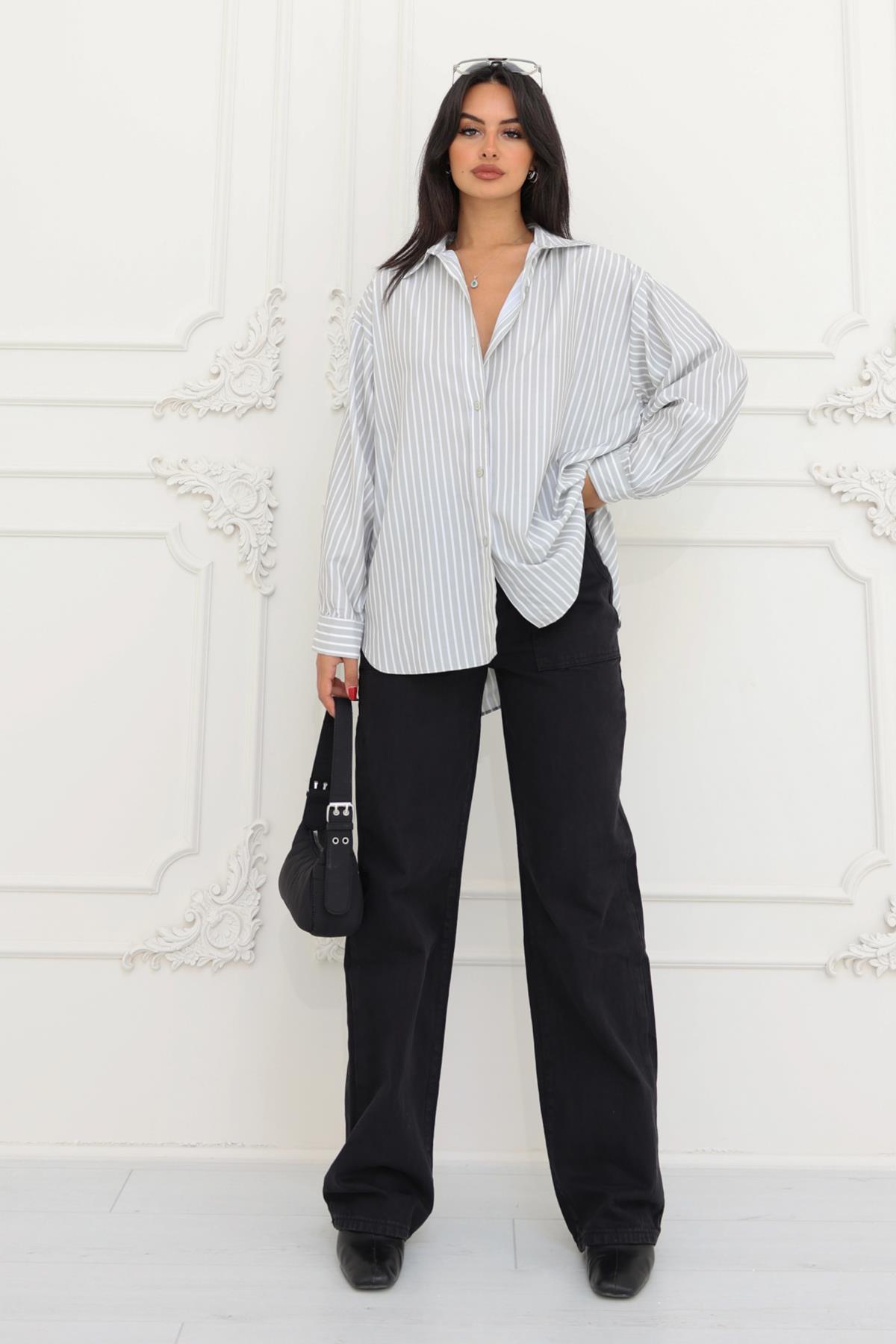 Oversize Çizgili Gömlek Yeşil