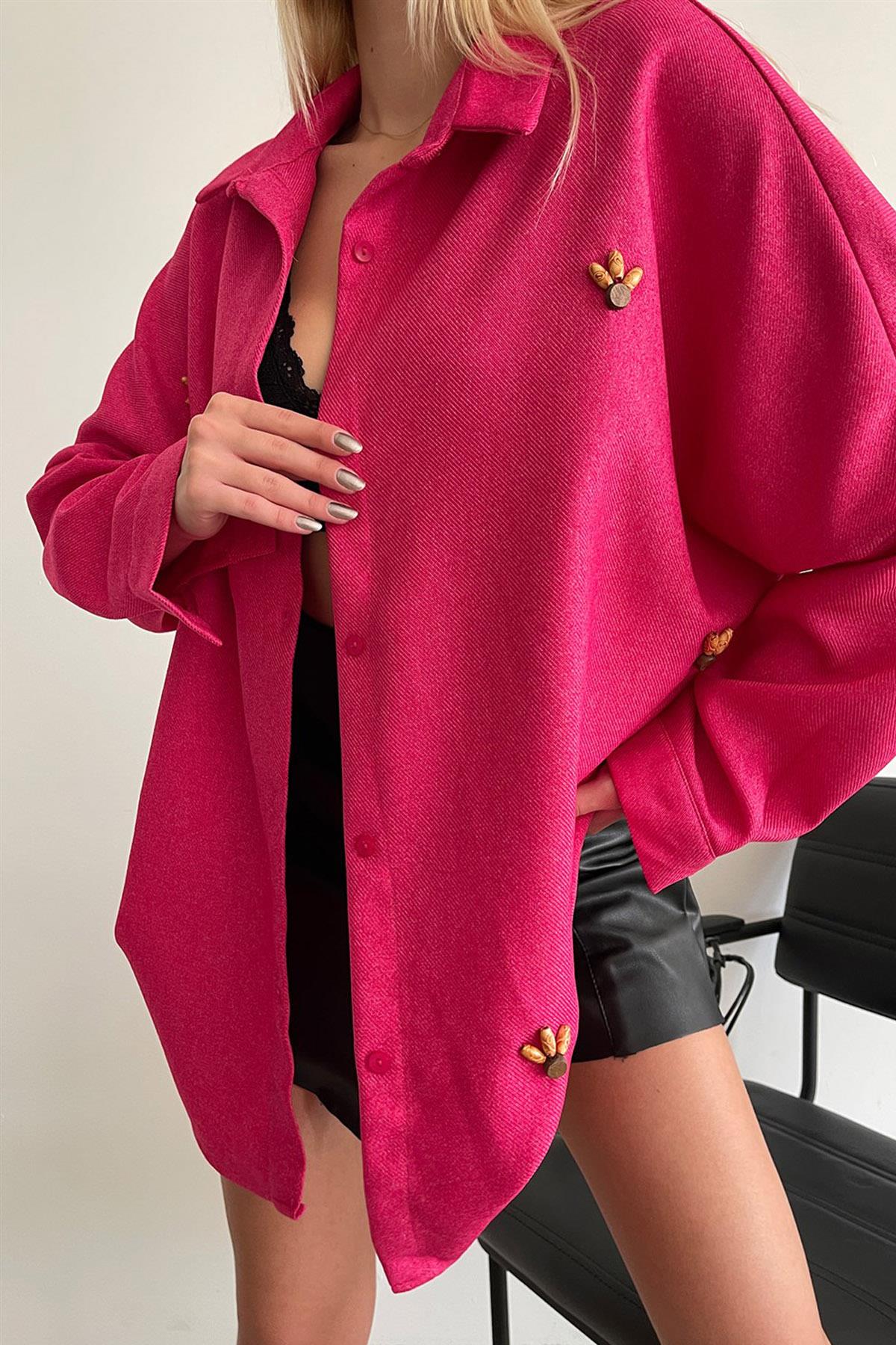 Yün Efekt Oversize Boncuklu Gömlek Fuşya
