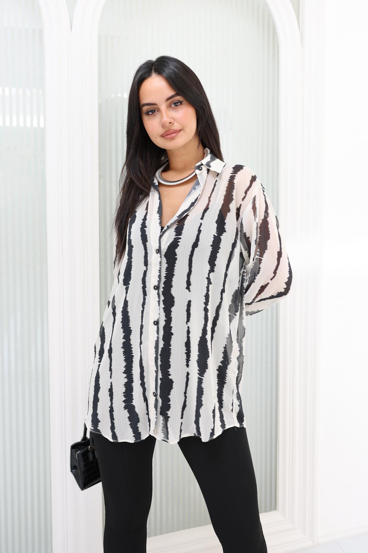 Zebra Çizgili Şifon Gömlek Siyah
