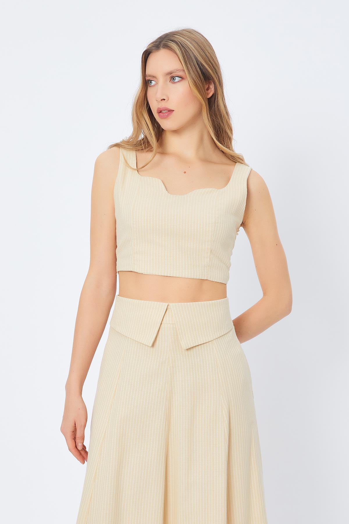 Kalın Askılı Çizgili Crop - BEJ