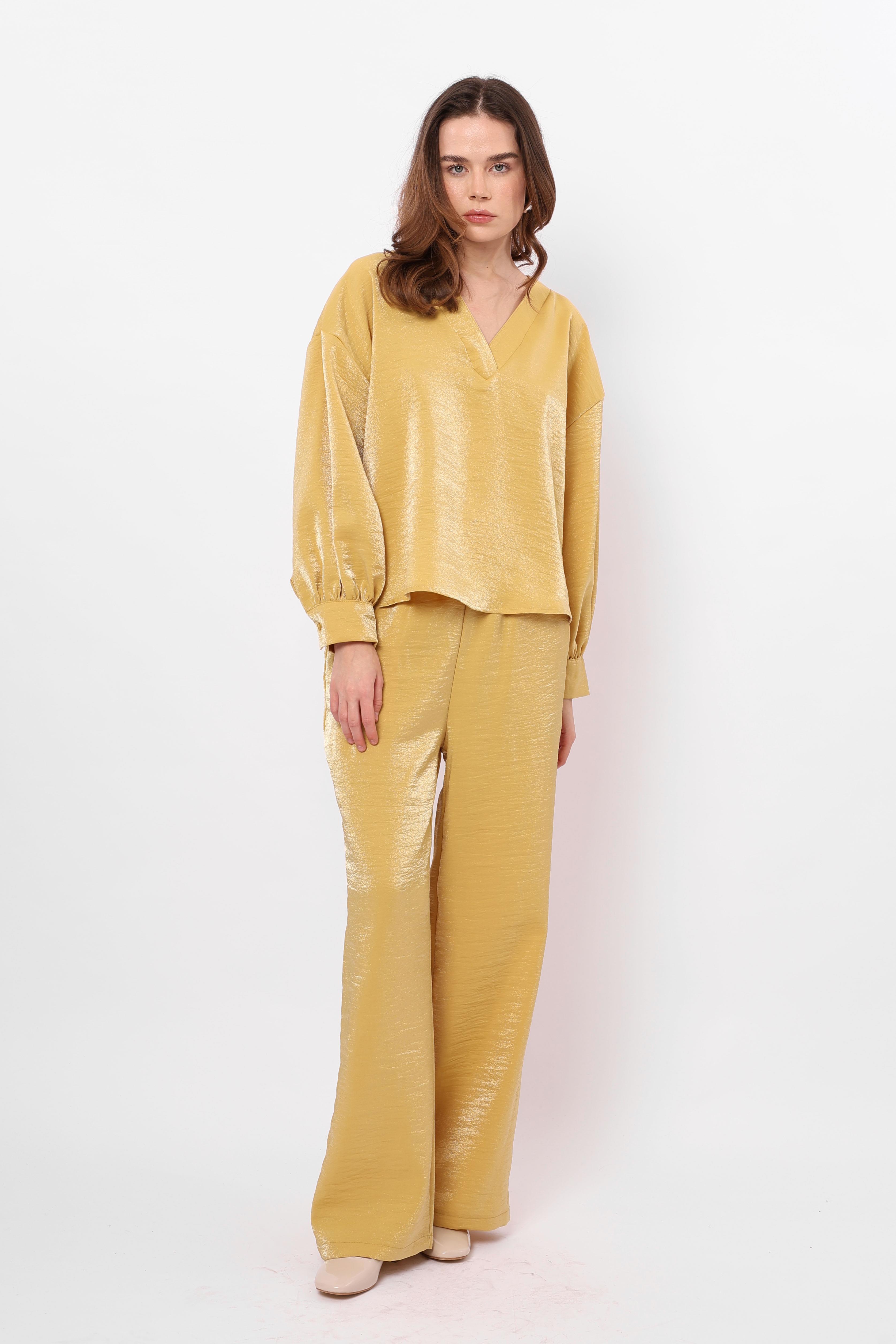 Toptan Parlak Palazzo Pantolon Gold