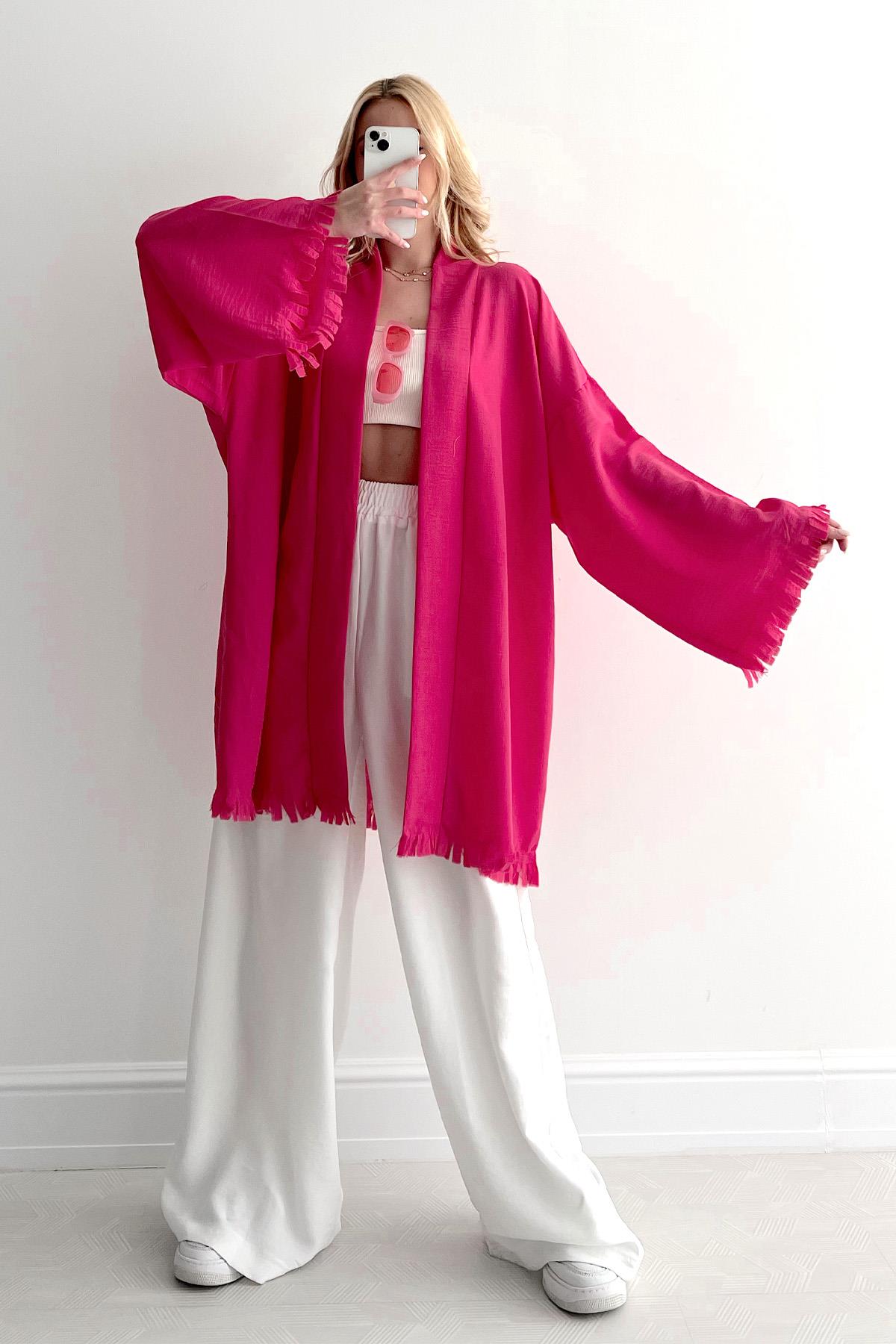 Sırt Desenli Kimono Fuşya