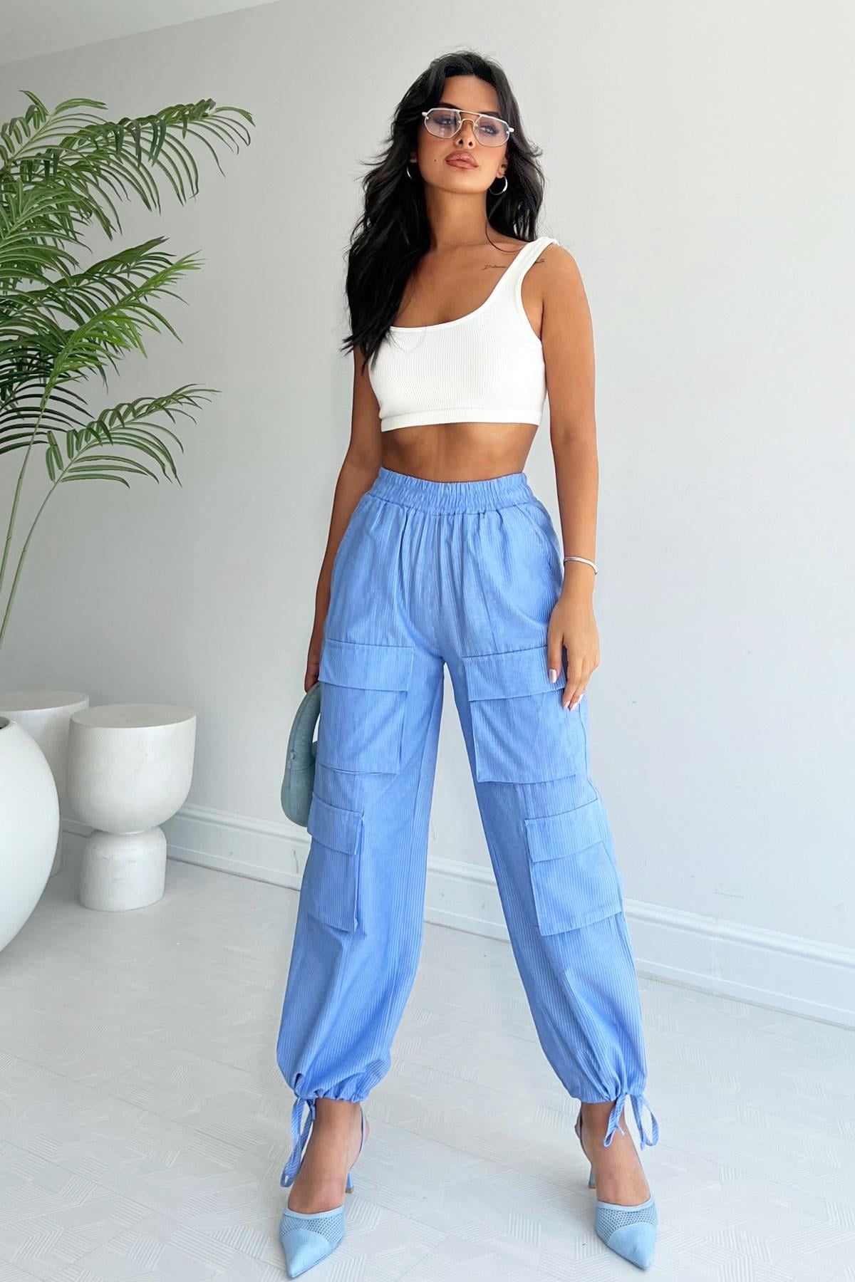 Printed Pants with Cargo Pockets Blue