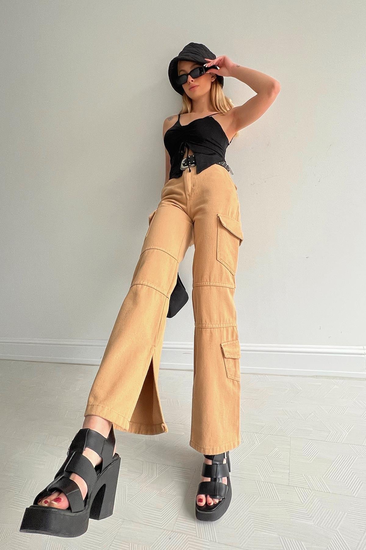 Kargo Bol Paça Yüksek Bel Pantolon Camel