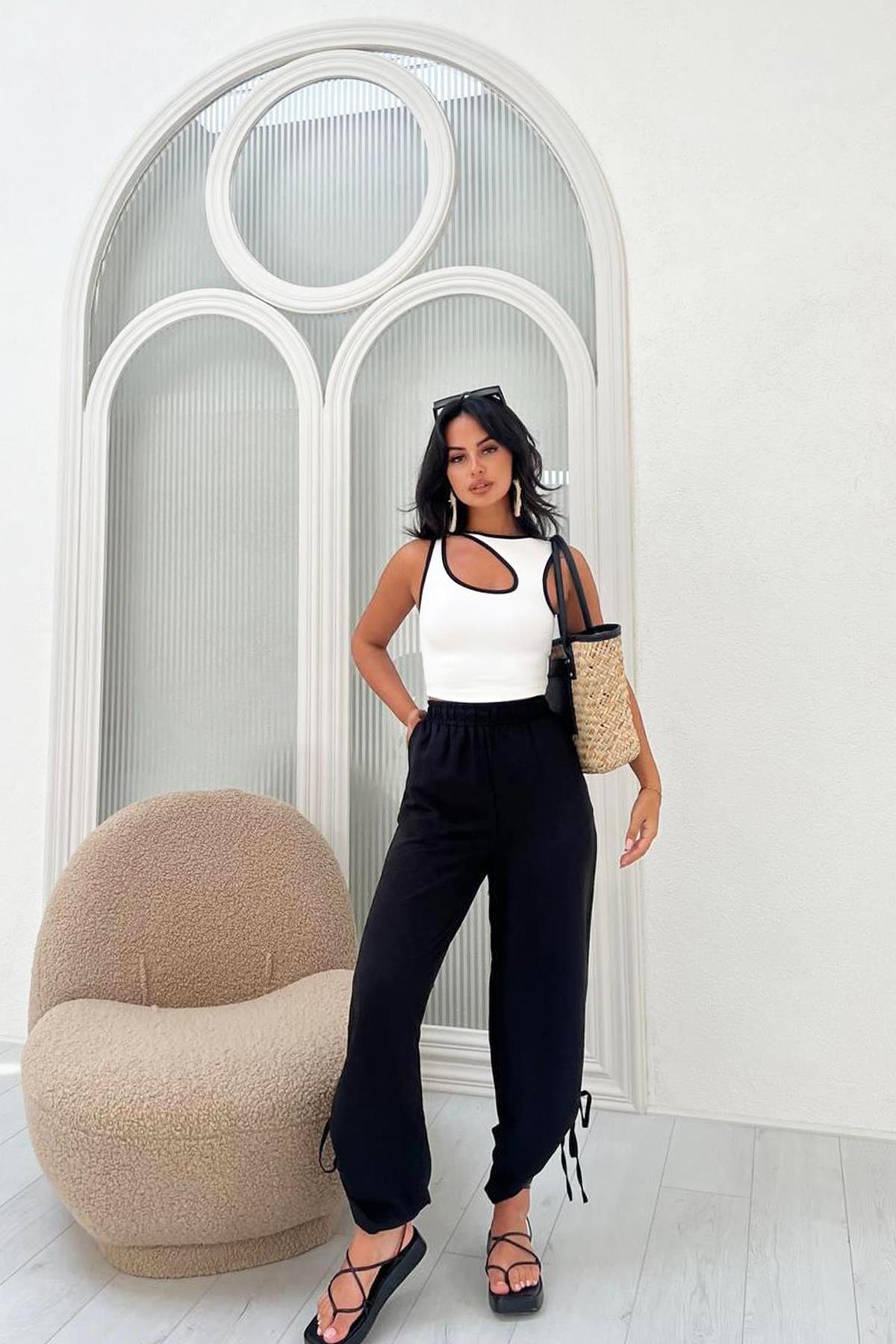 Paça Bağlamalı Basic Şalvar Pantolon Siyah