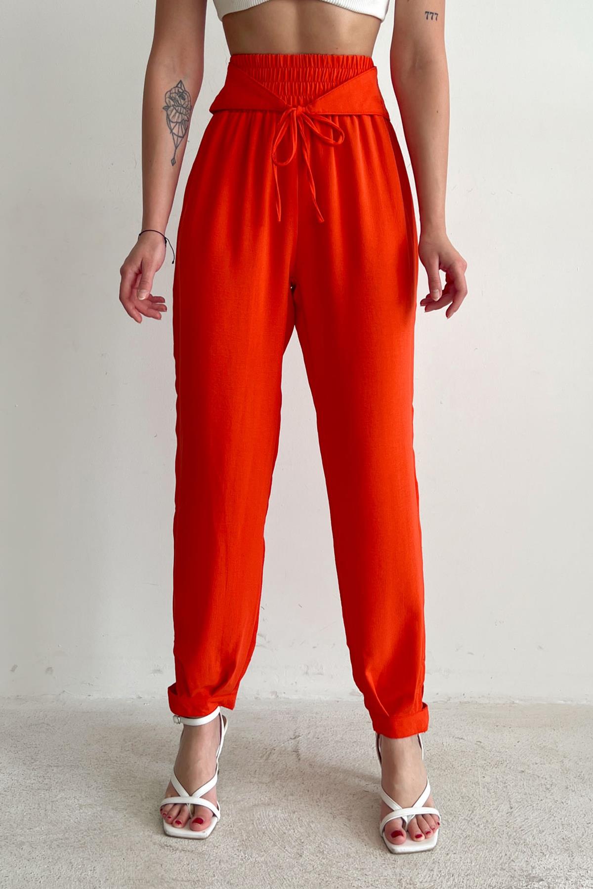 Paçası Düğme Detaylı Pantolon Oranj