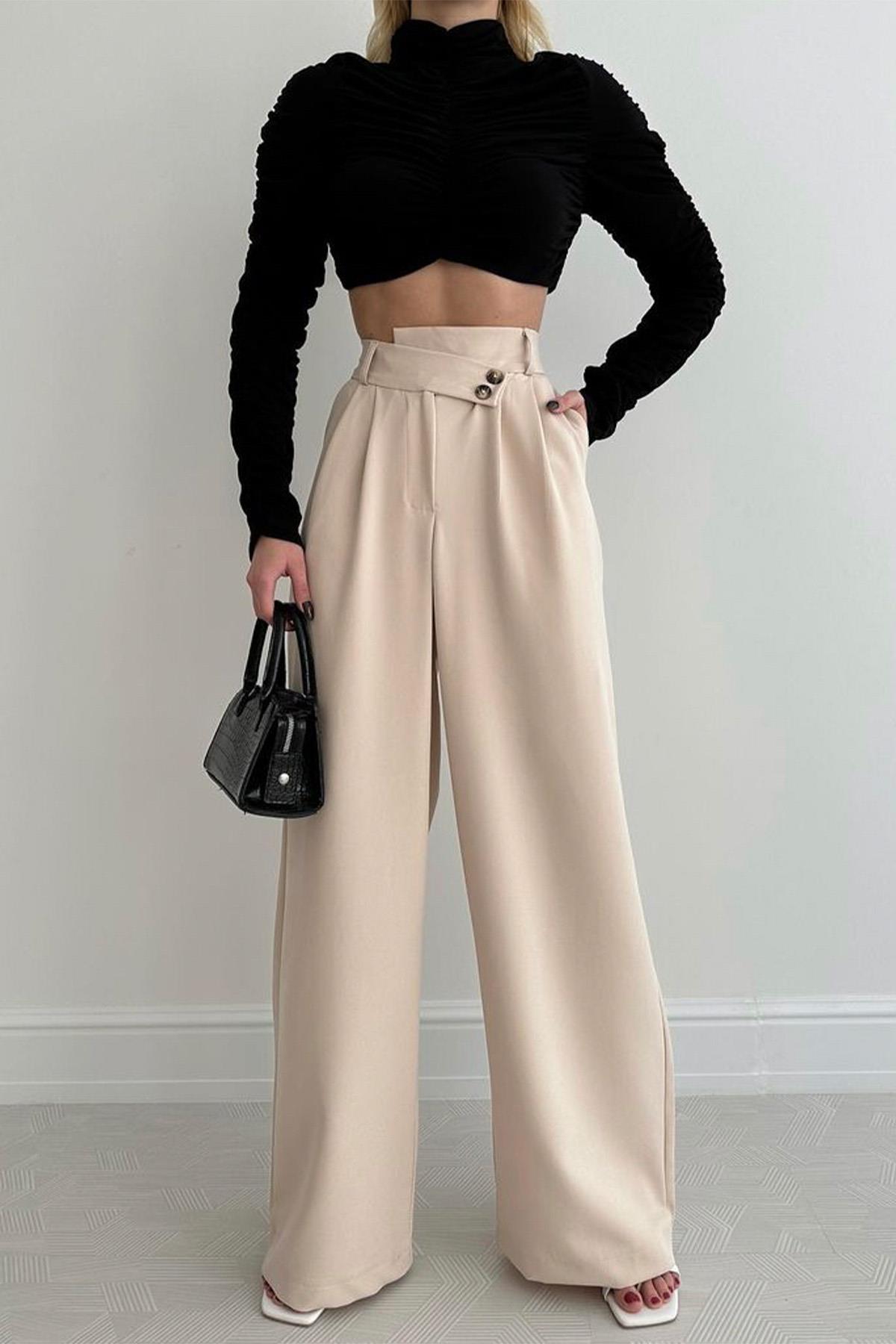 Ters Kemer Double Palazzo Pantolon Taş