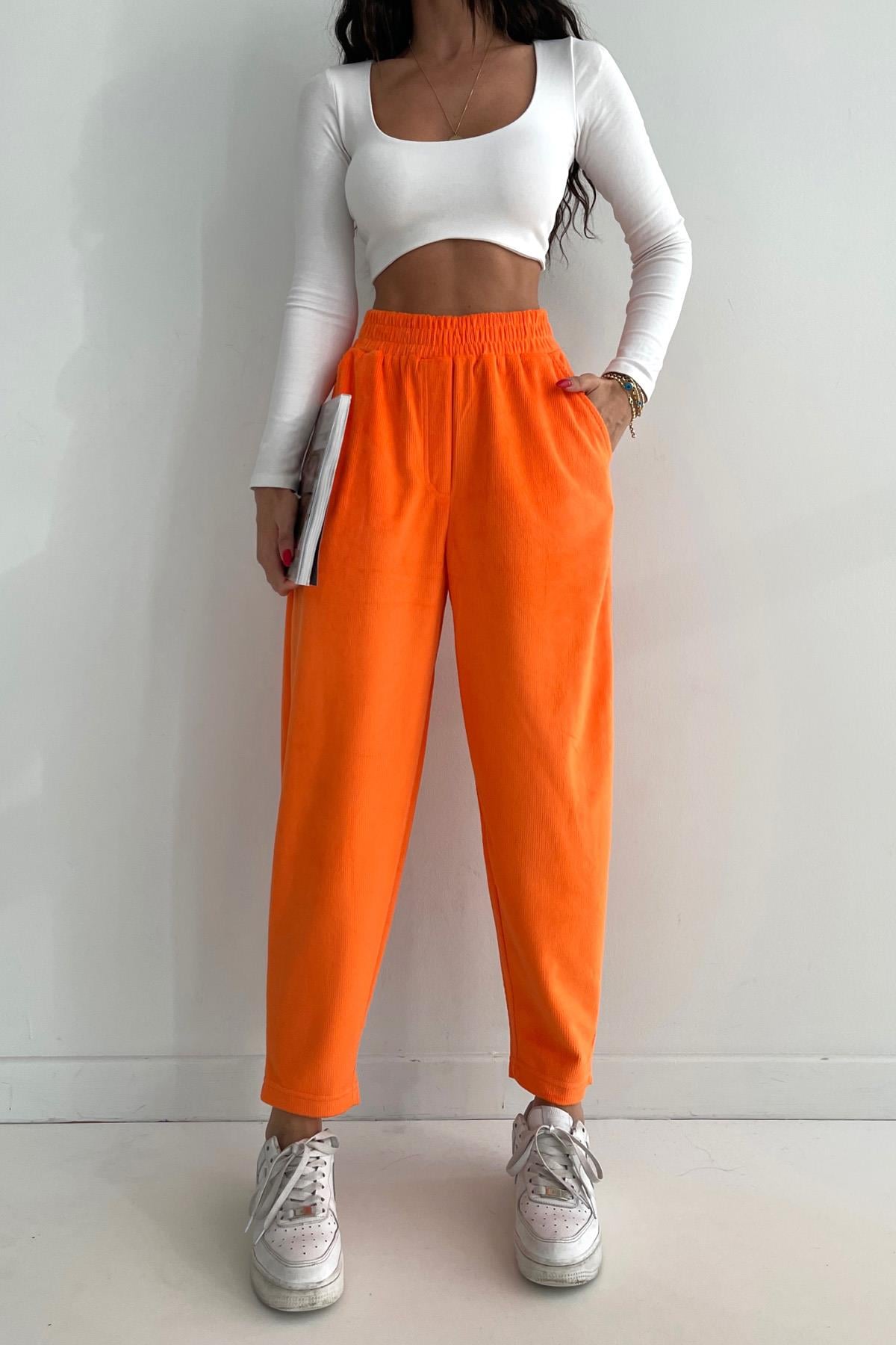 Yumoş Kadife Jogger Pantolon Oranj