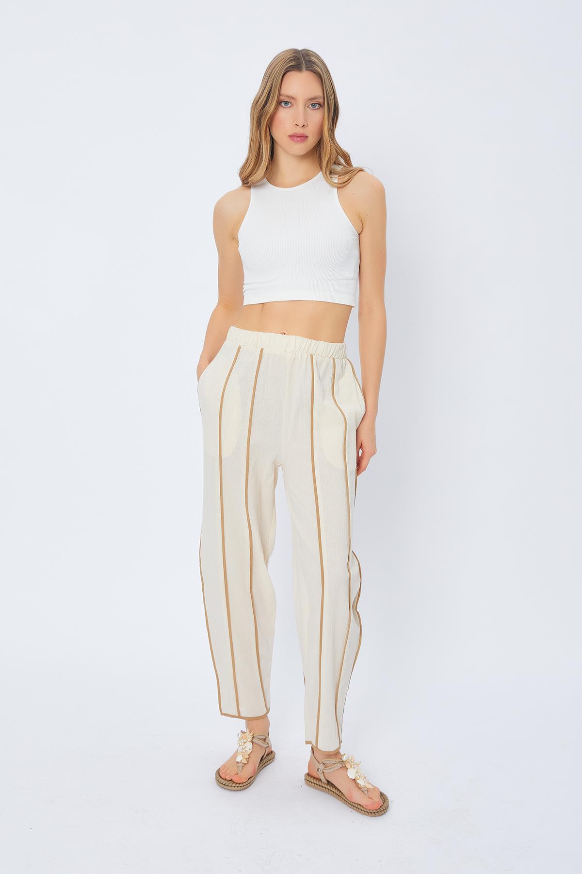 Şeritli Pantolon - EKRU
