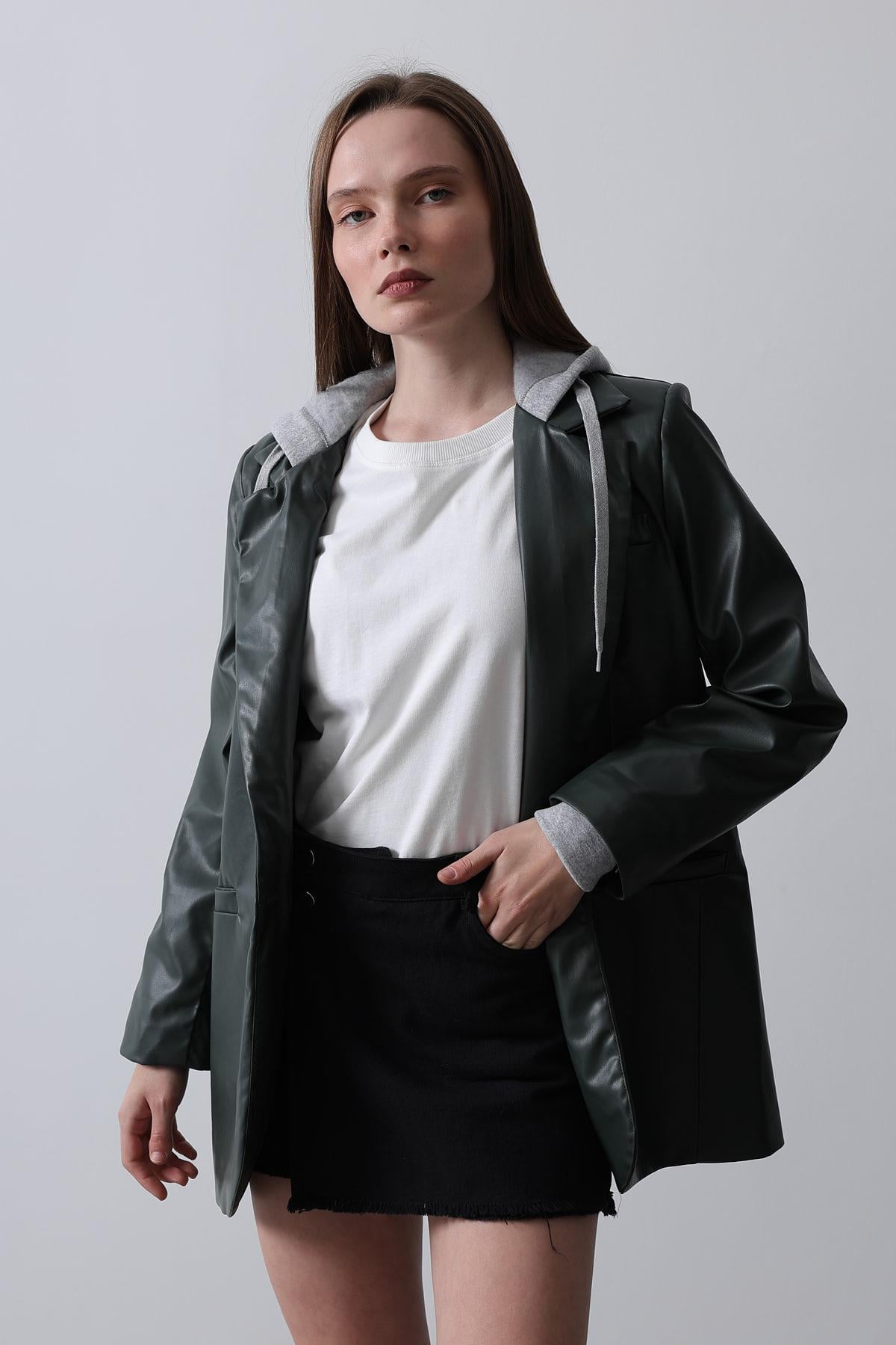 Kapişonlu Deri Blazer - Haki
