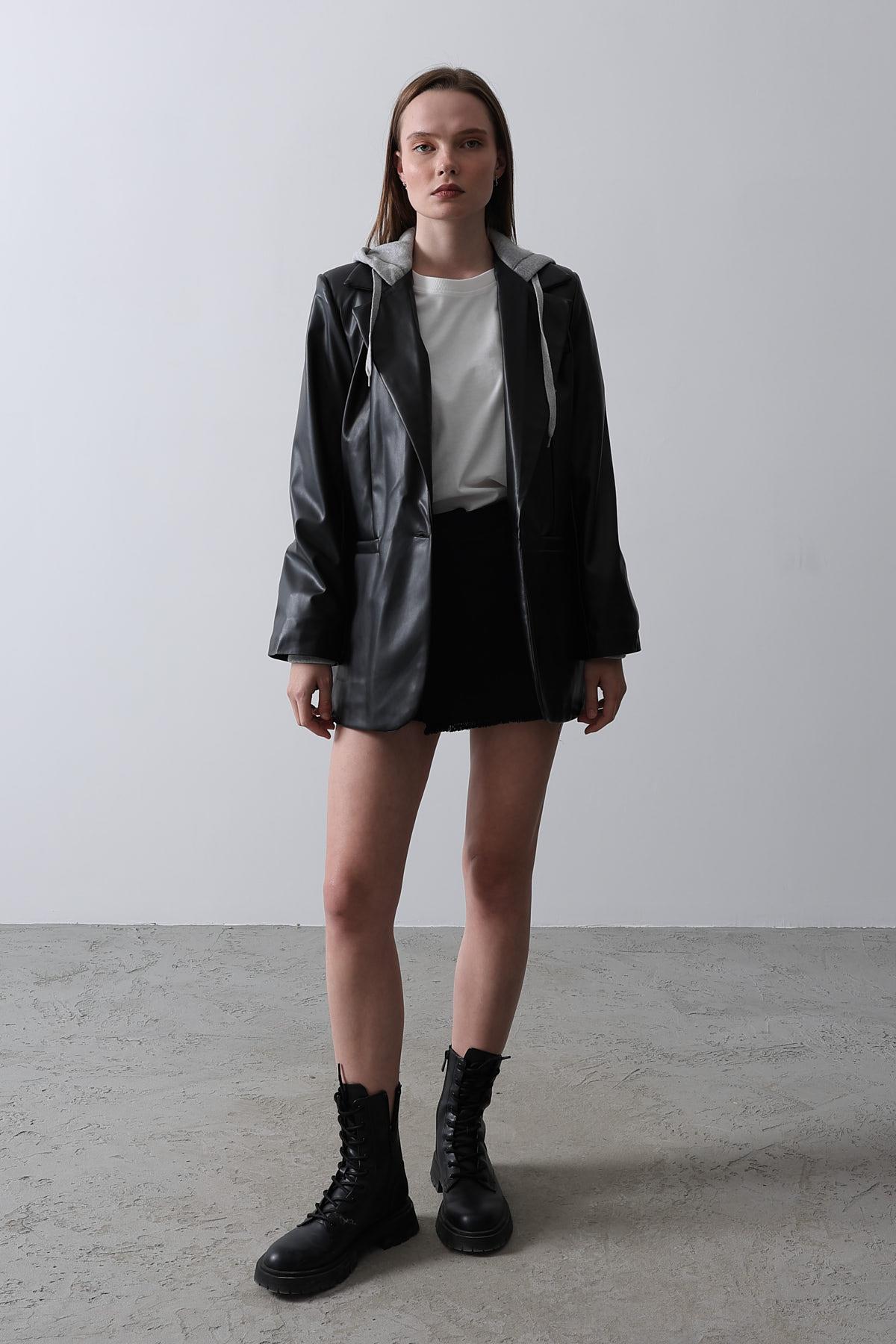 Kapişonlu Deri Blazer - Siyah