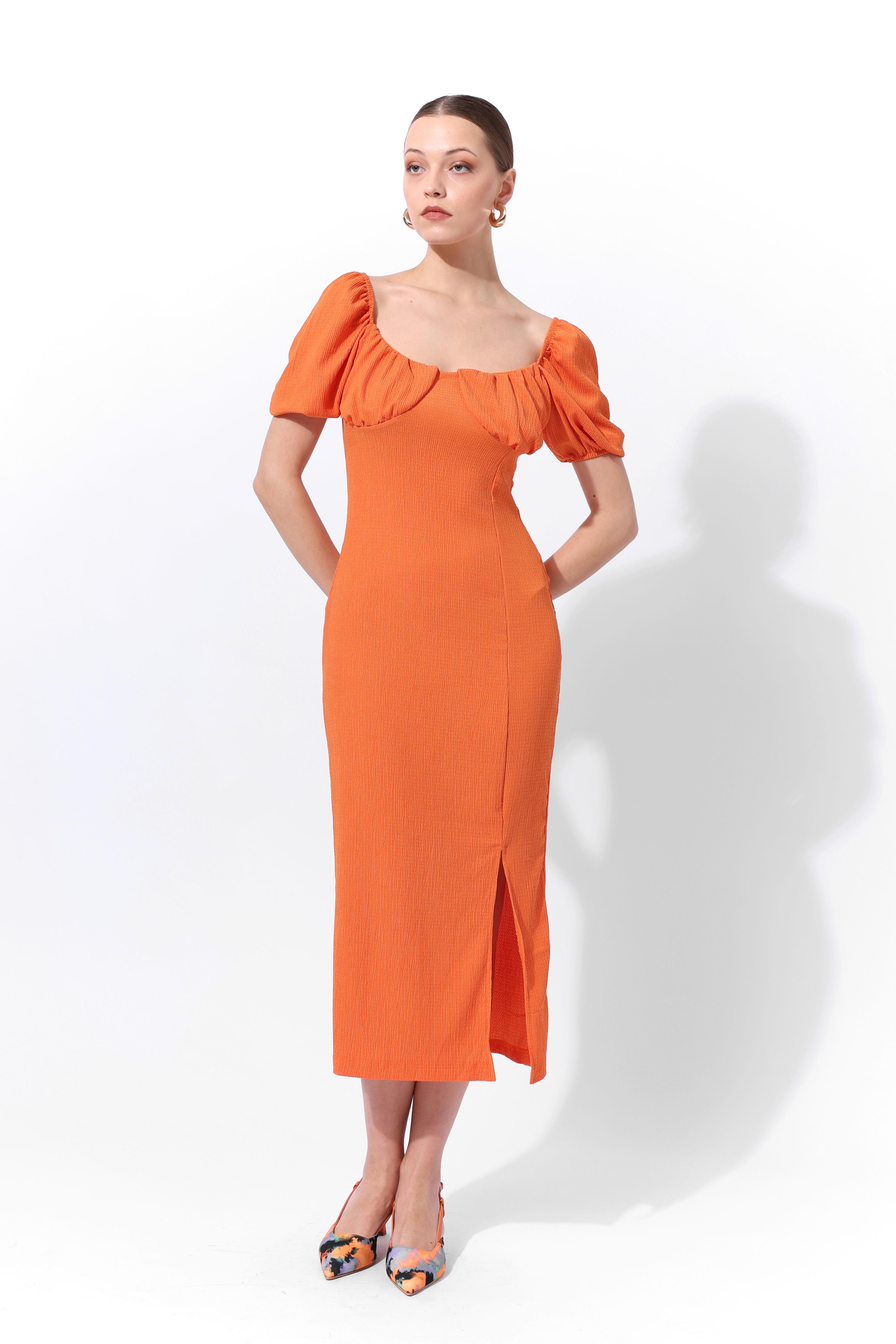 Toptan Baret Detay Yırtmaçlı Oranj