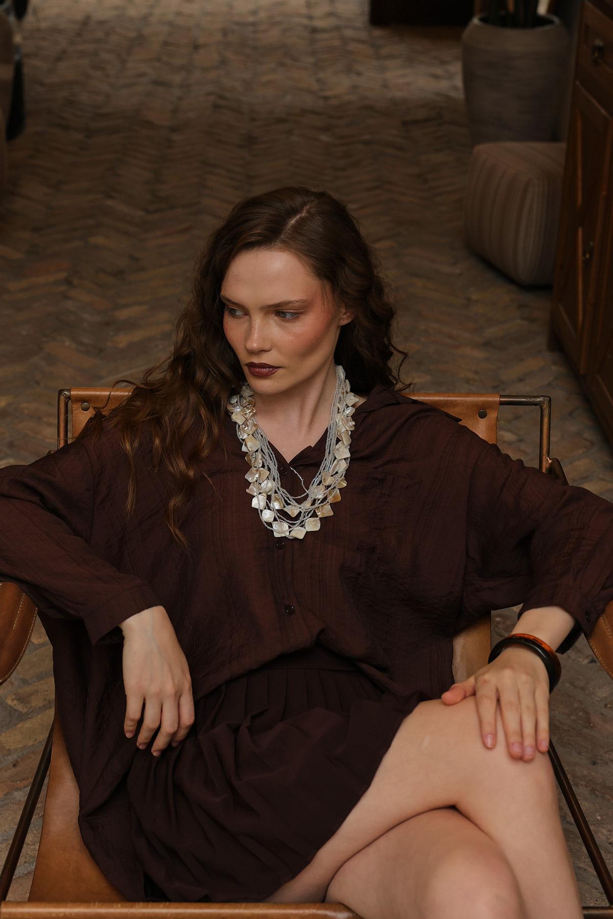 Cepli Oversize Gömlek - Kahve