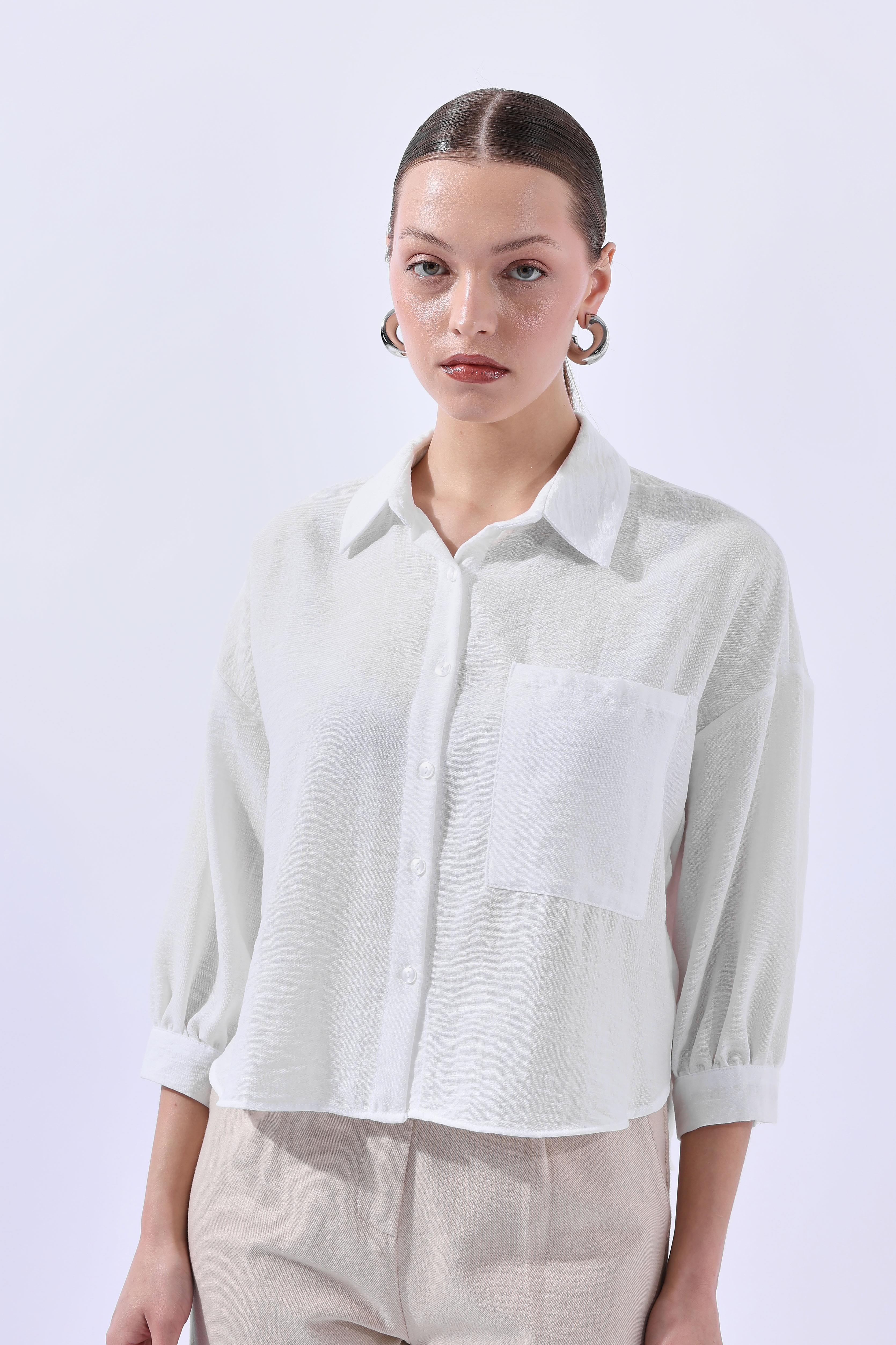 Toptan Balon Kol Crop Gömlek Beyaz