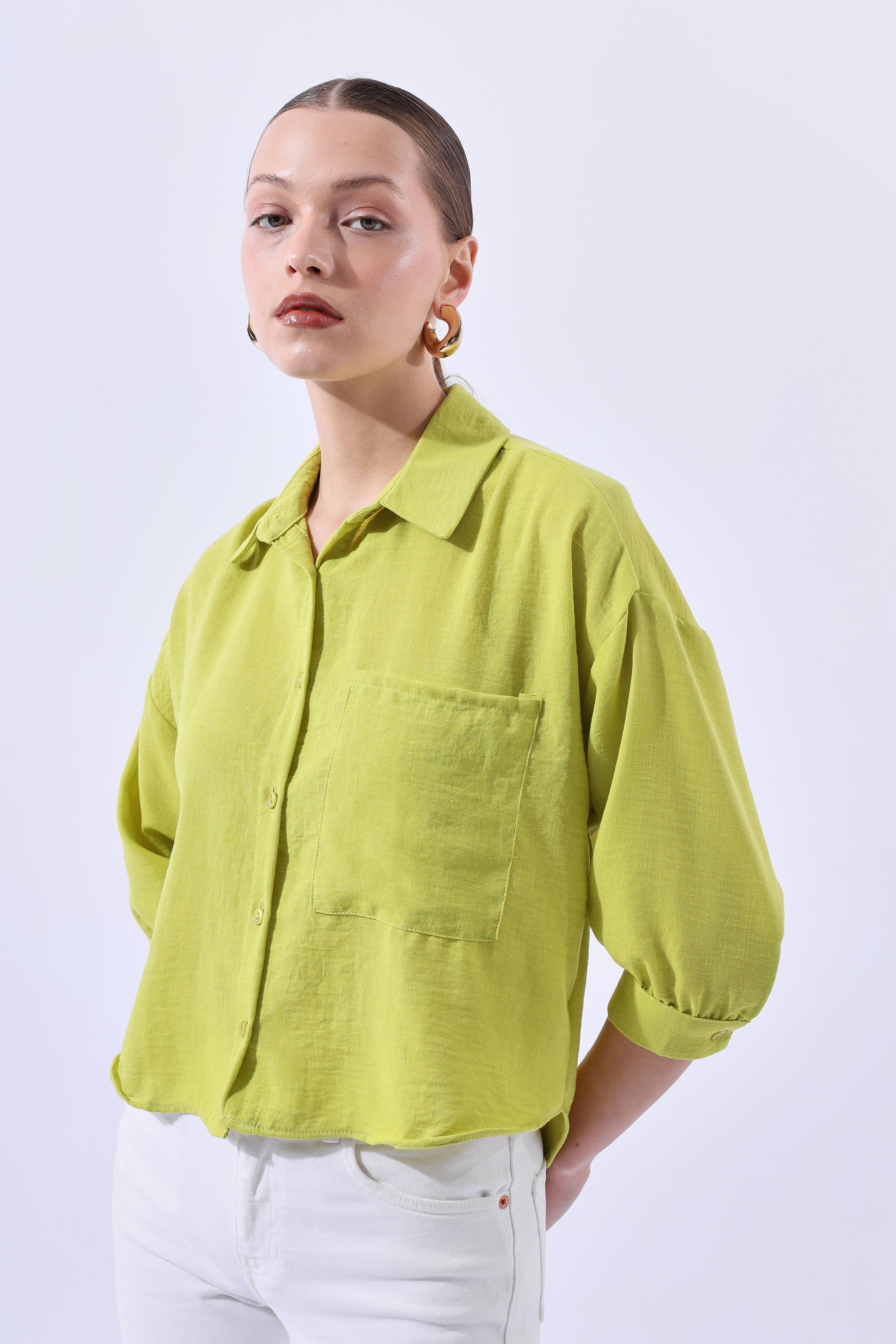 Toptan Balon Kol Crop Gömlek Fıstık Yeşili