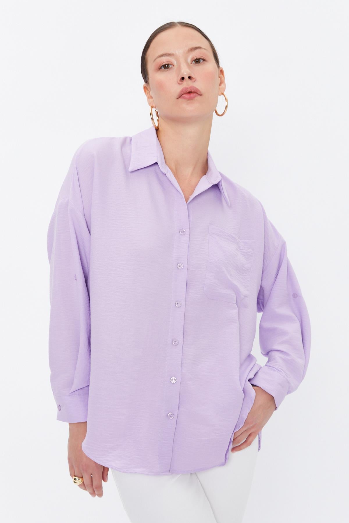 Toptan Cepli Oversize Gömlek Lila