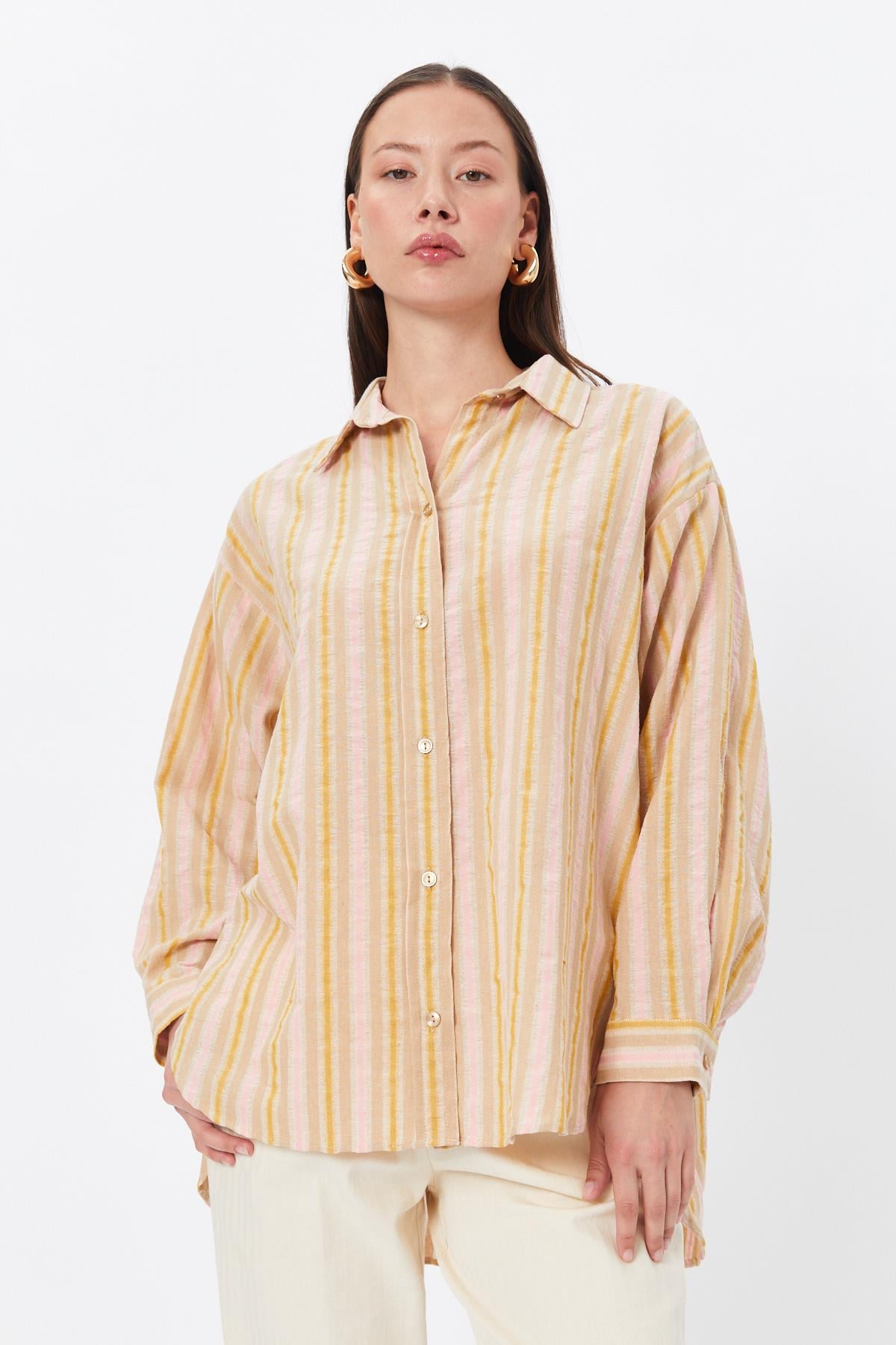 Toptan Oversize Çizgili Gömlek Hardal