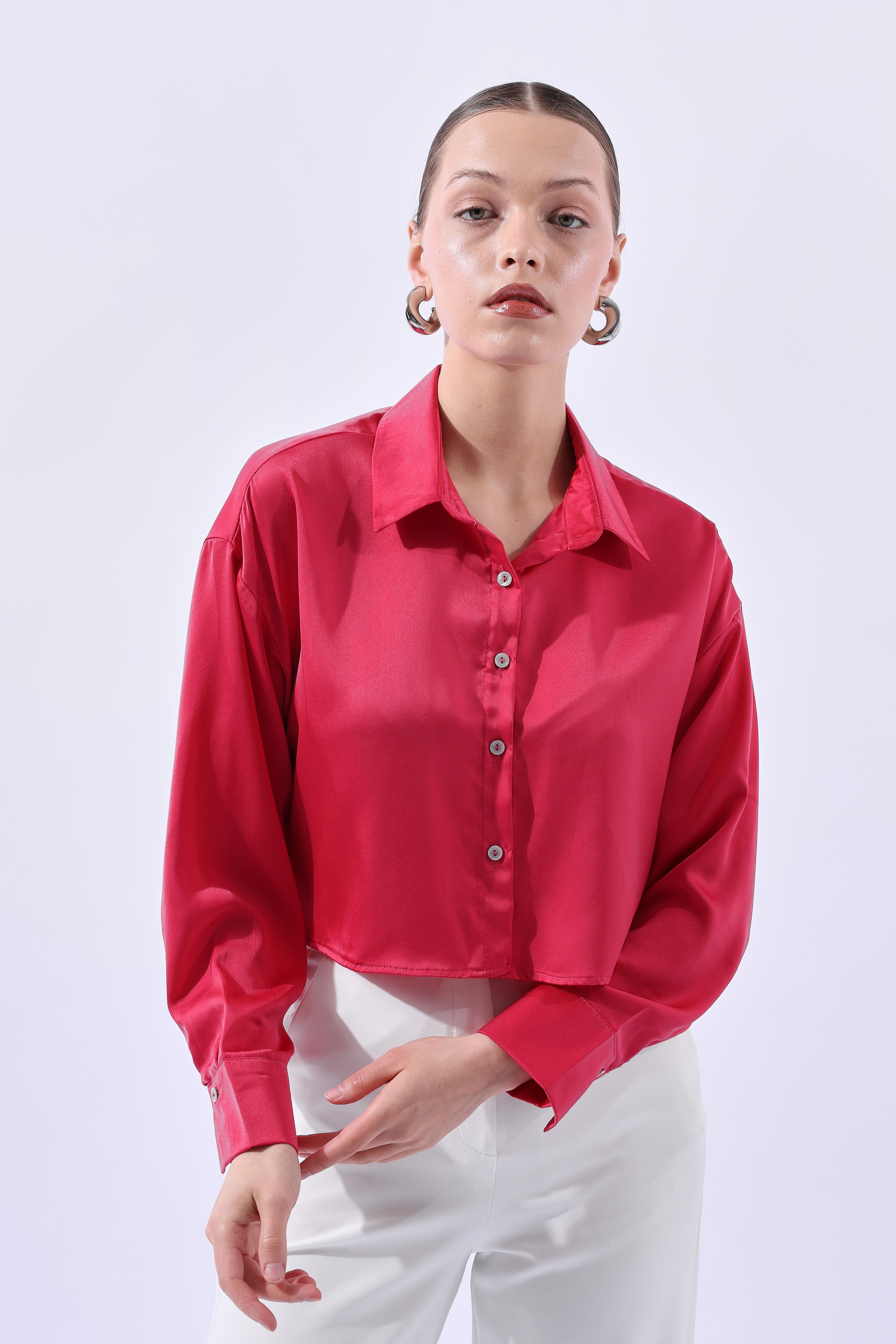 Toptan Saten Crop Gömlek Fuşya