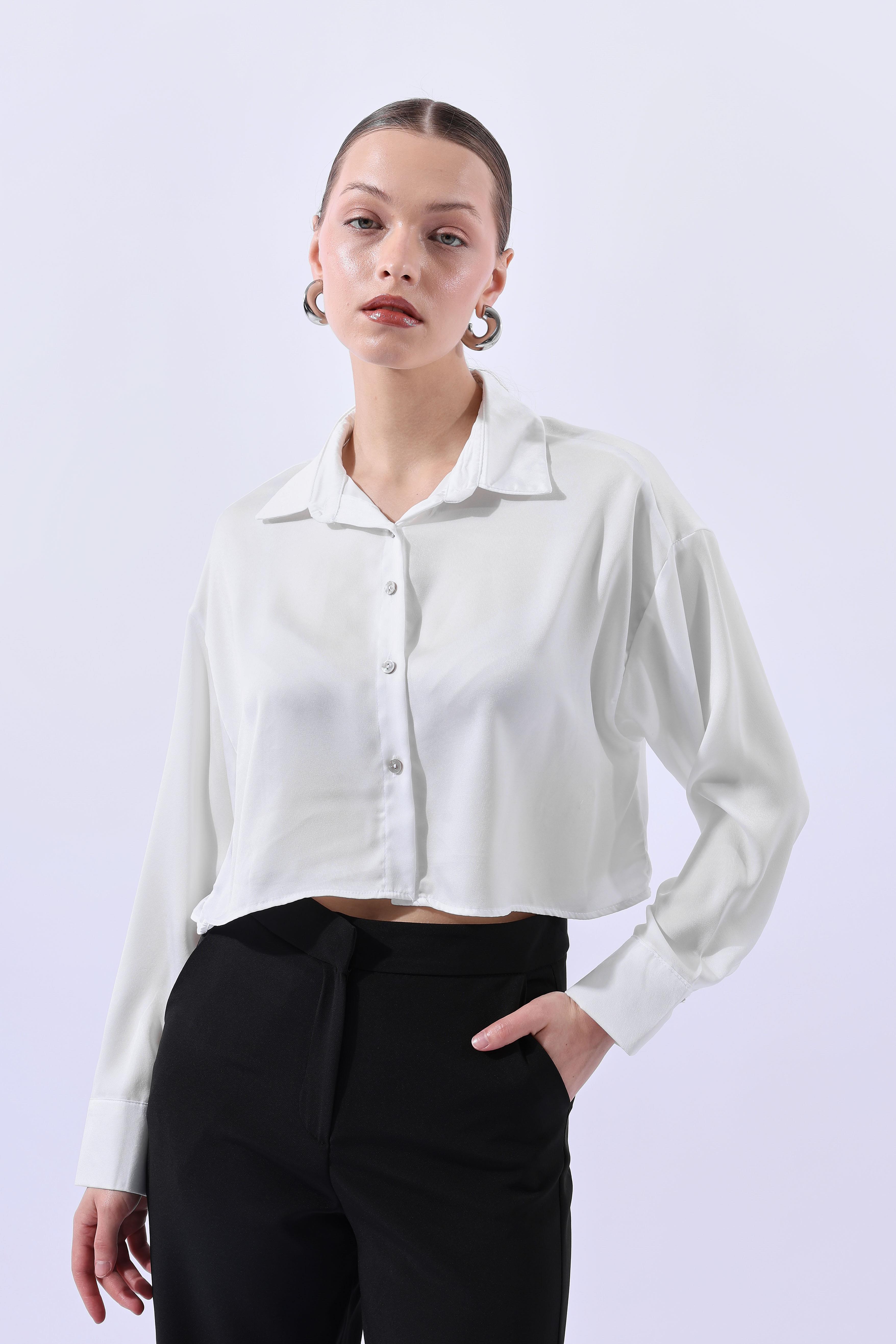 Toptan Saten Crop Gömlek Beyaz