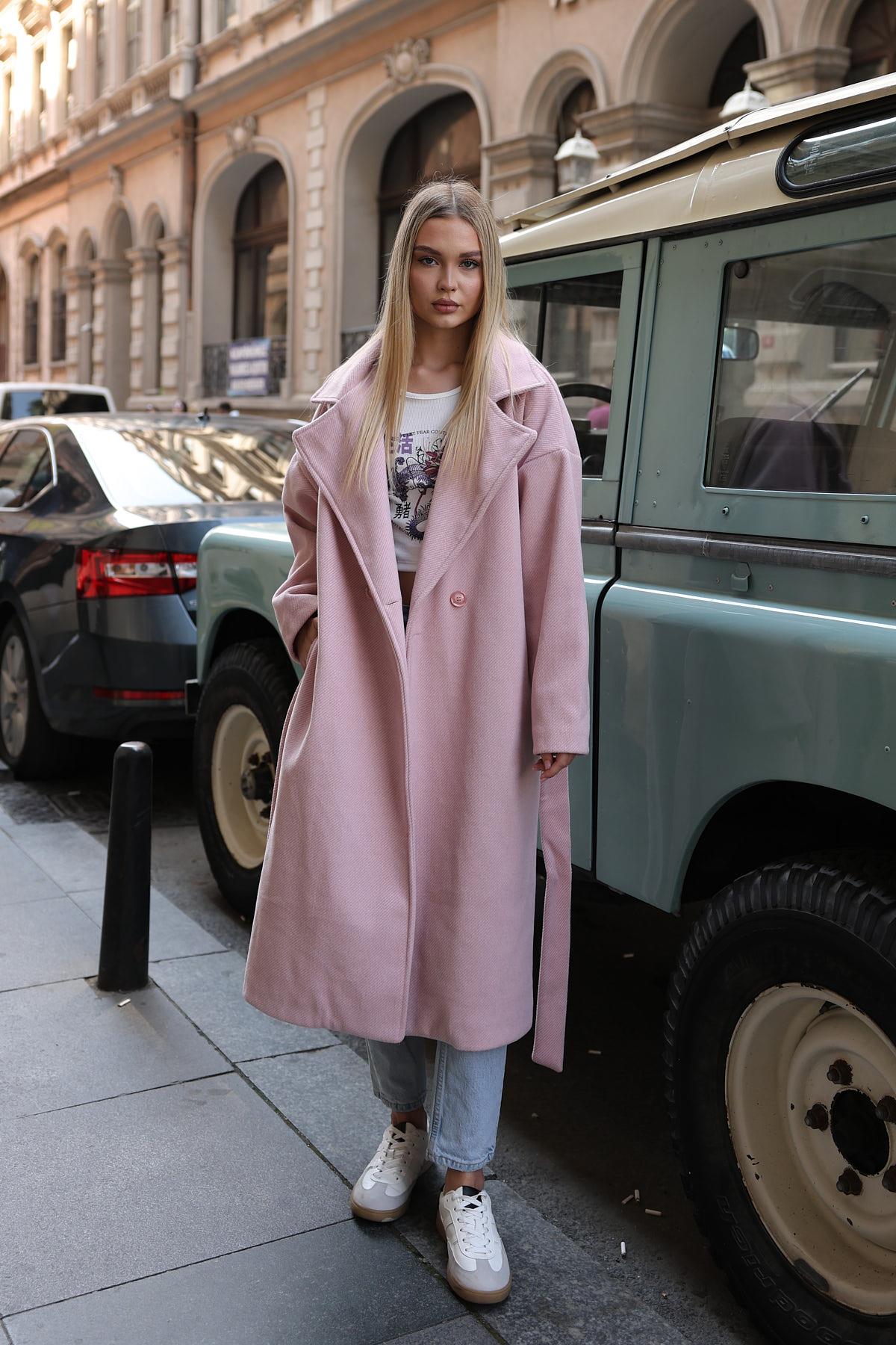 Çizgili Kaşe Kaban - Pembe