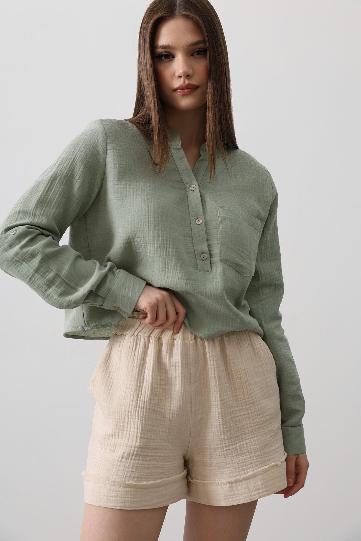 BELİ LASTİKLİ PÜSKÜLLÜ ŞORT - Taş