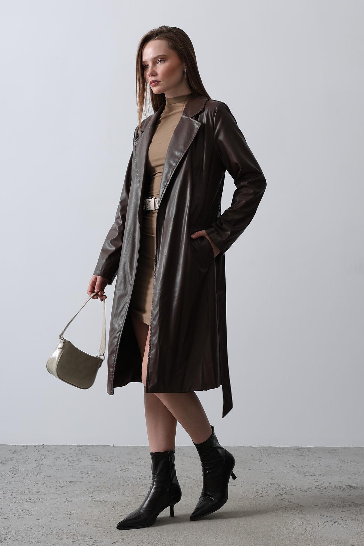 Kemerli Deri Trench - Kahve
