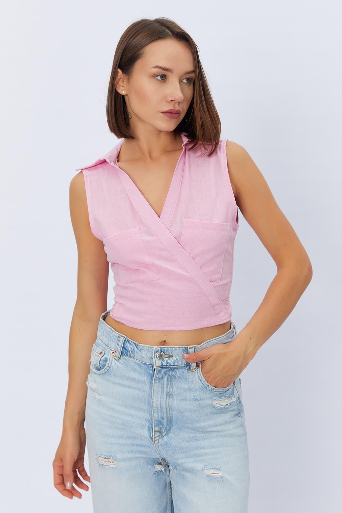 Cepli Bağlamalı Crop Gömlek - ŞEKER PEMBE