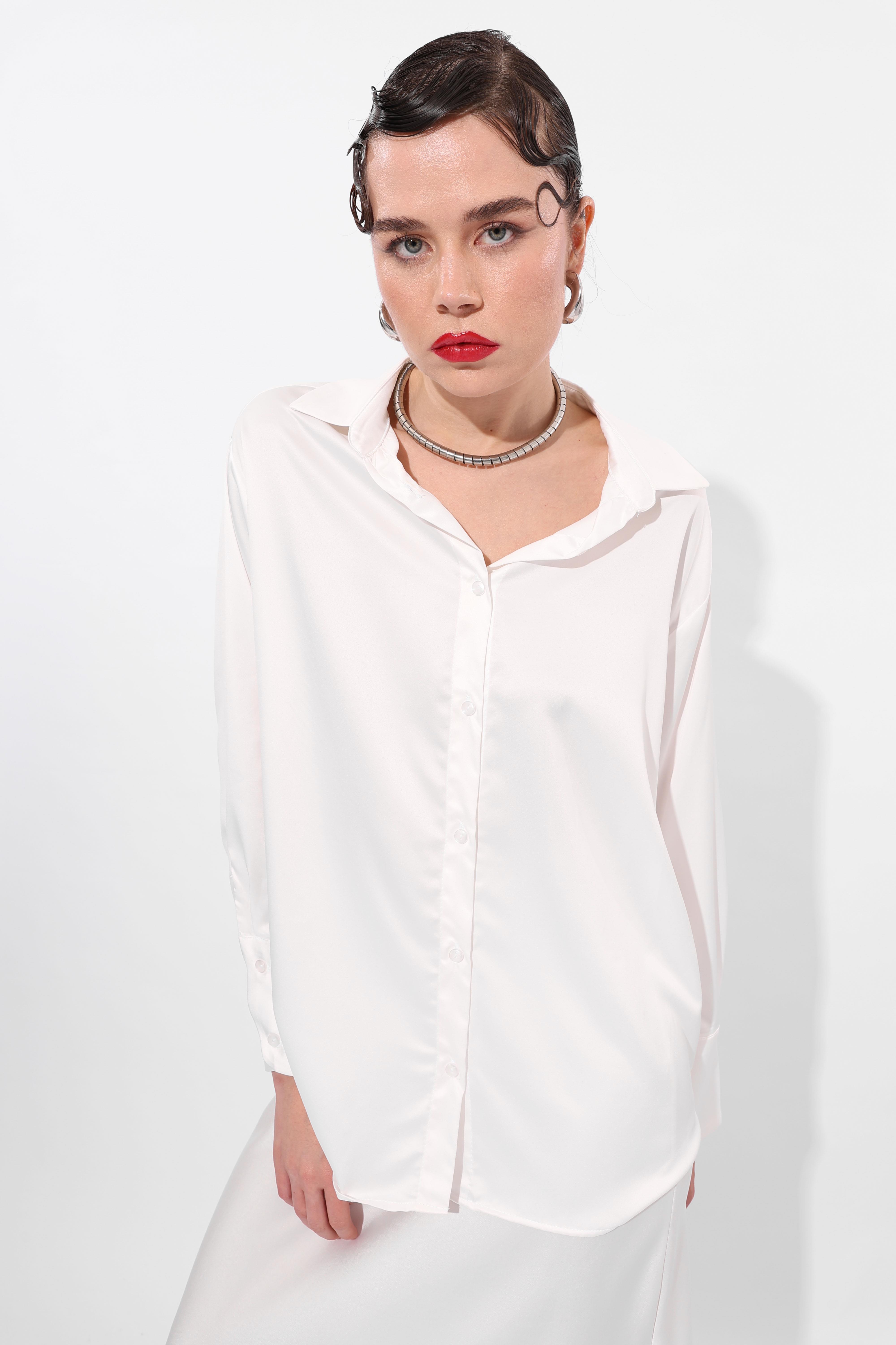 Toptan Basic Saten Gömlek Beyaz