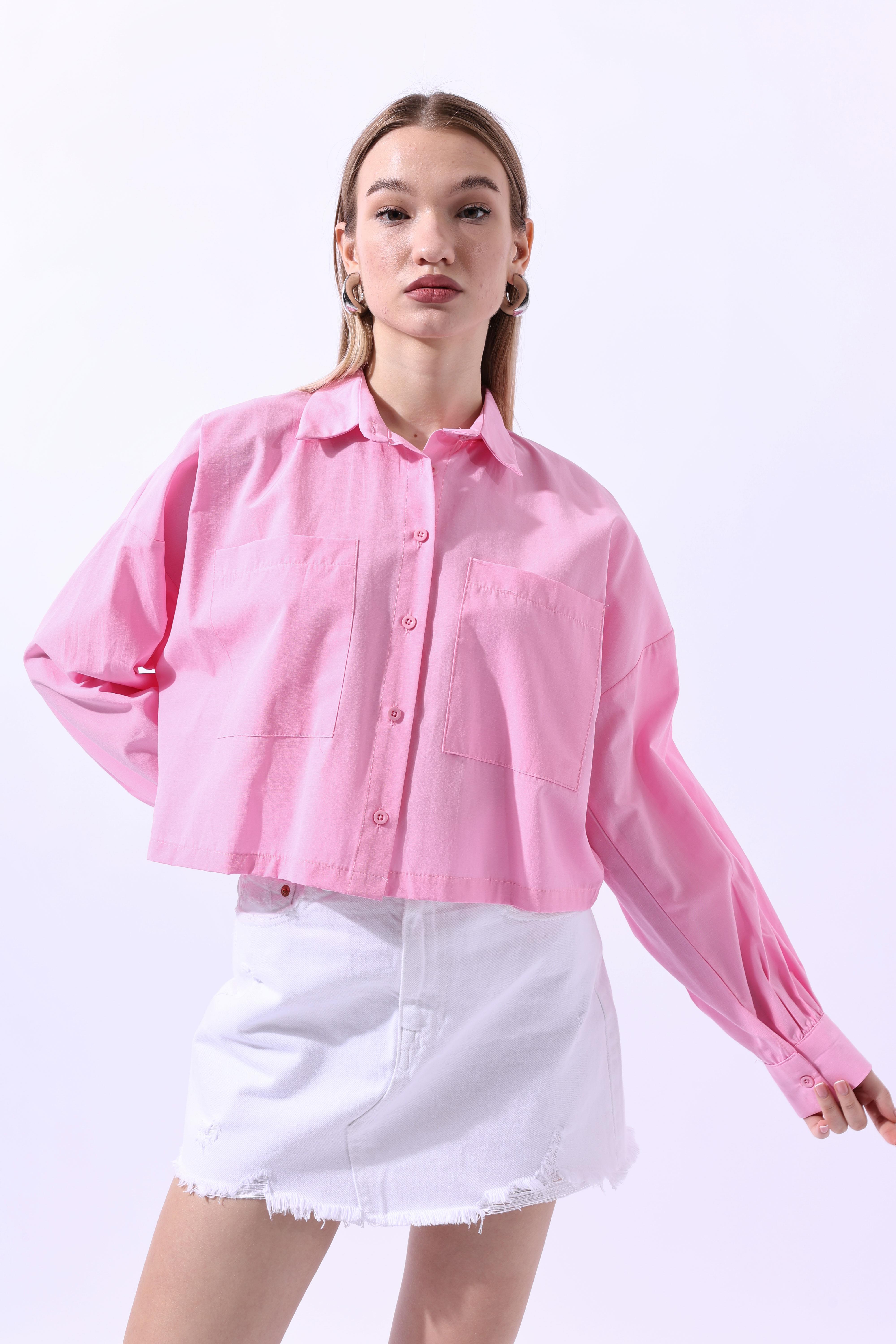 Toptan Cepli Crop Gömlek Şeker Pembe