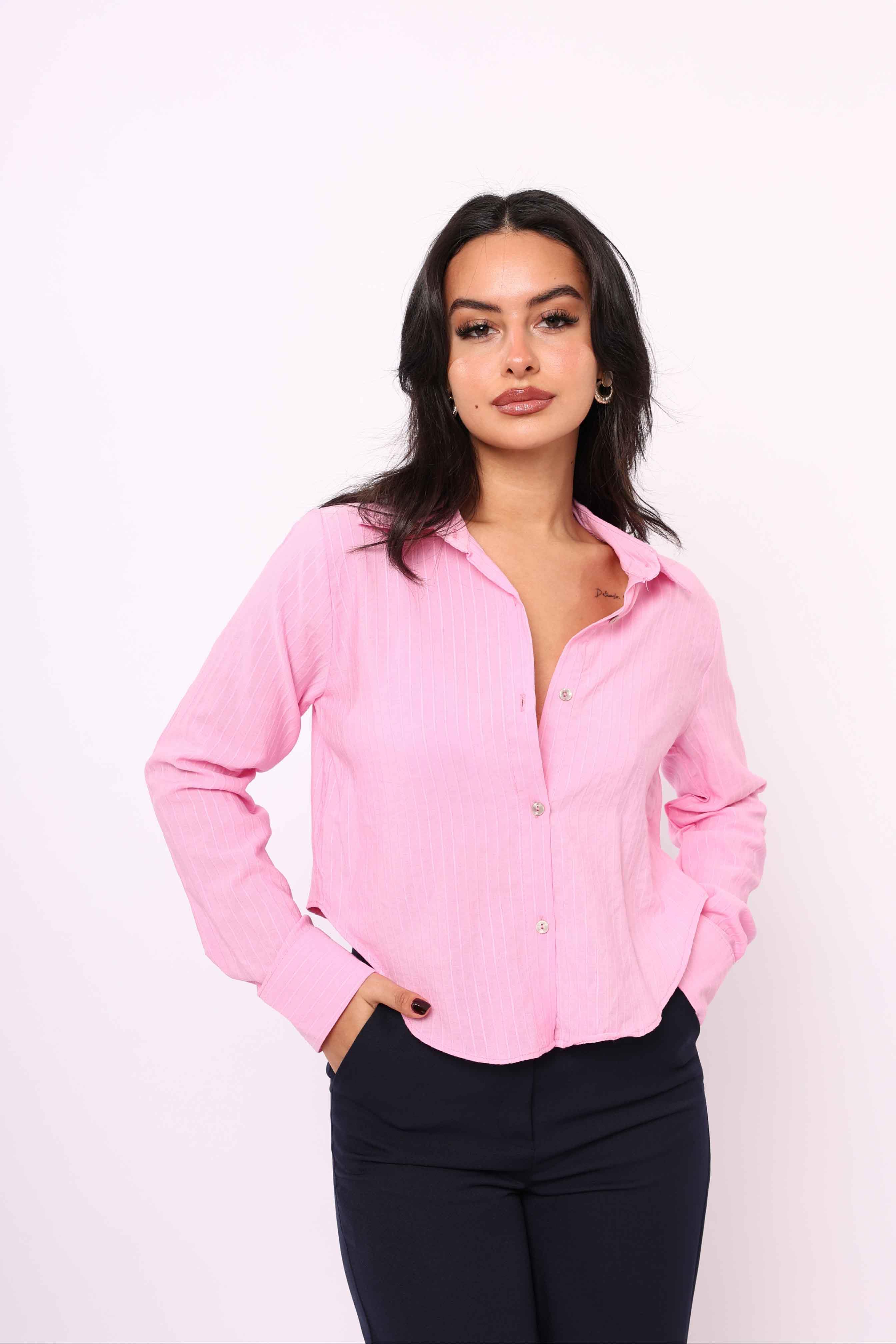 Toptan Çizgi Detay Crop Gömlek Şeker Pembe
