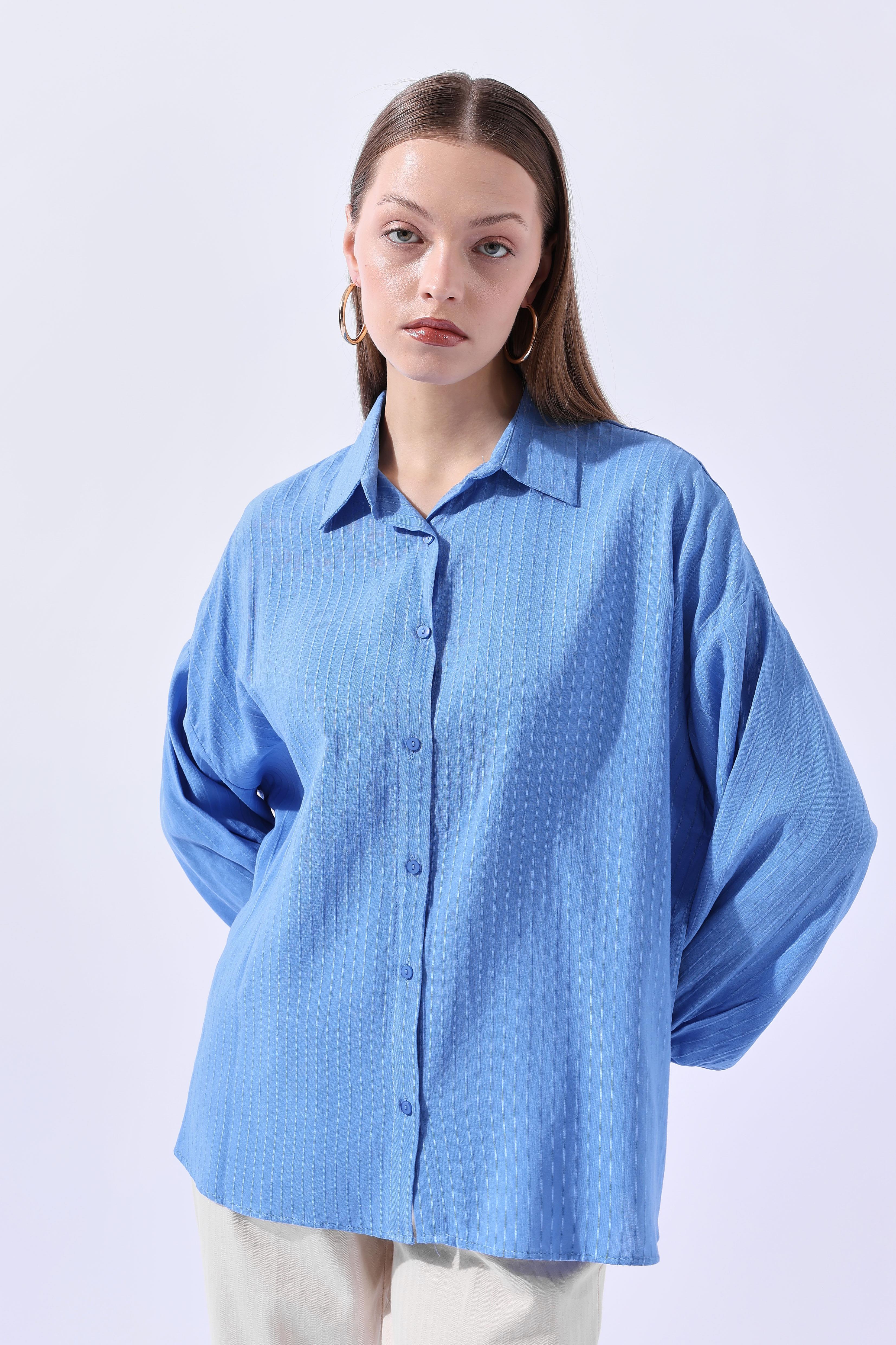 Toptan Oversize Asimetrik Kesim Gömlek Mavi