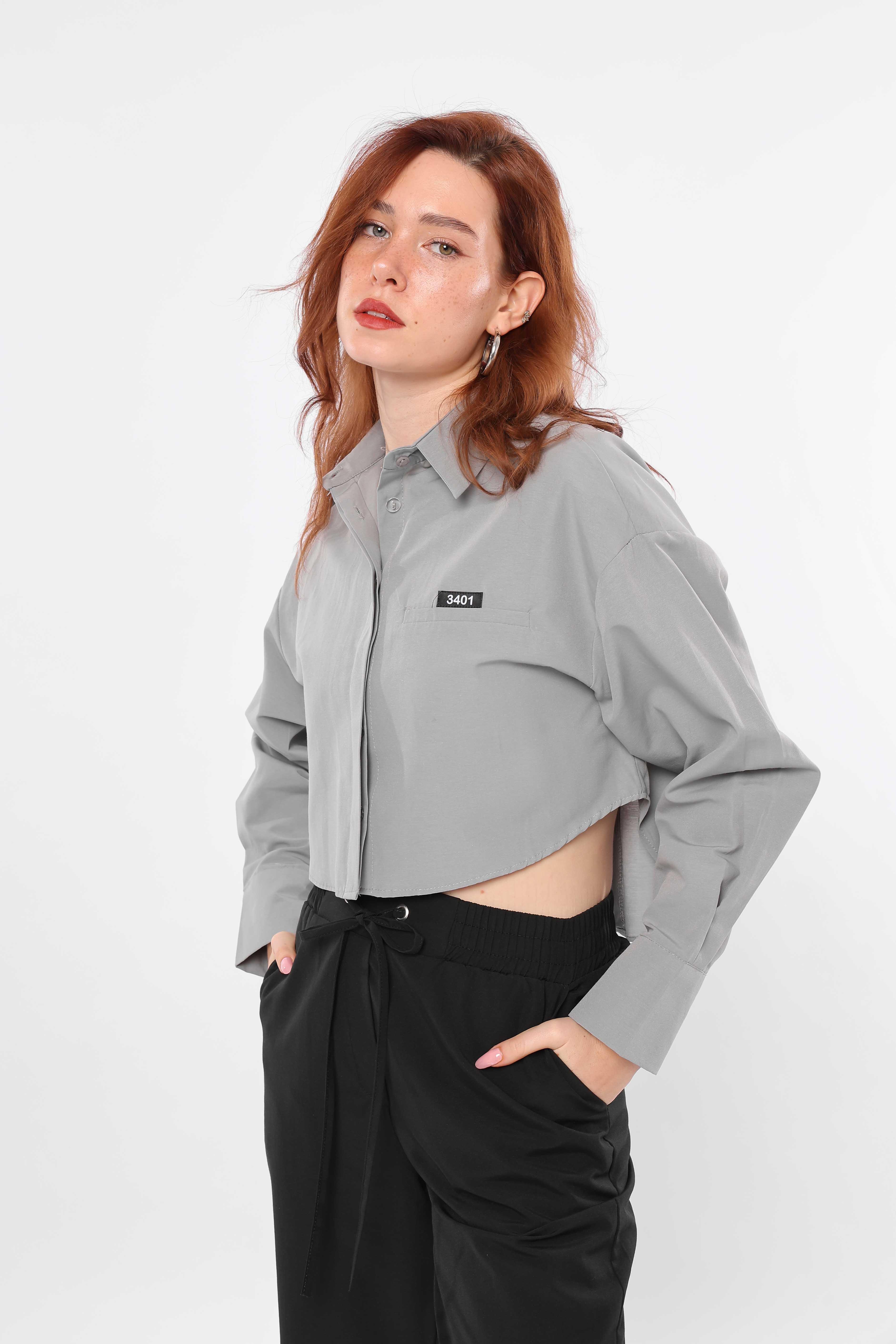 Toptan Rakam Detaylı Crop Gömlek Gri