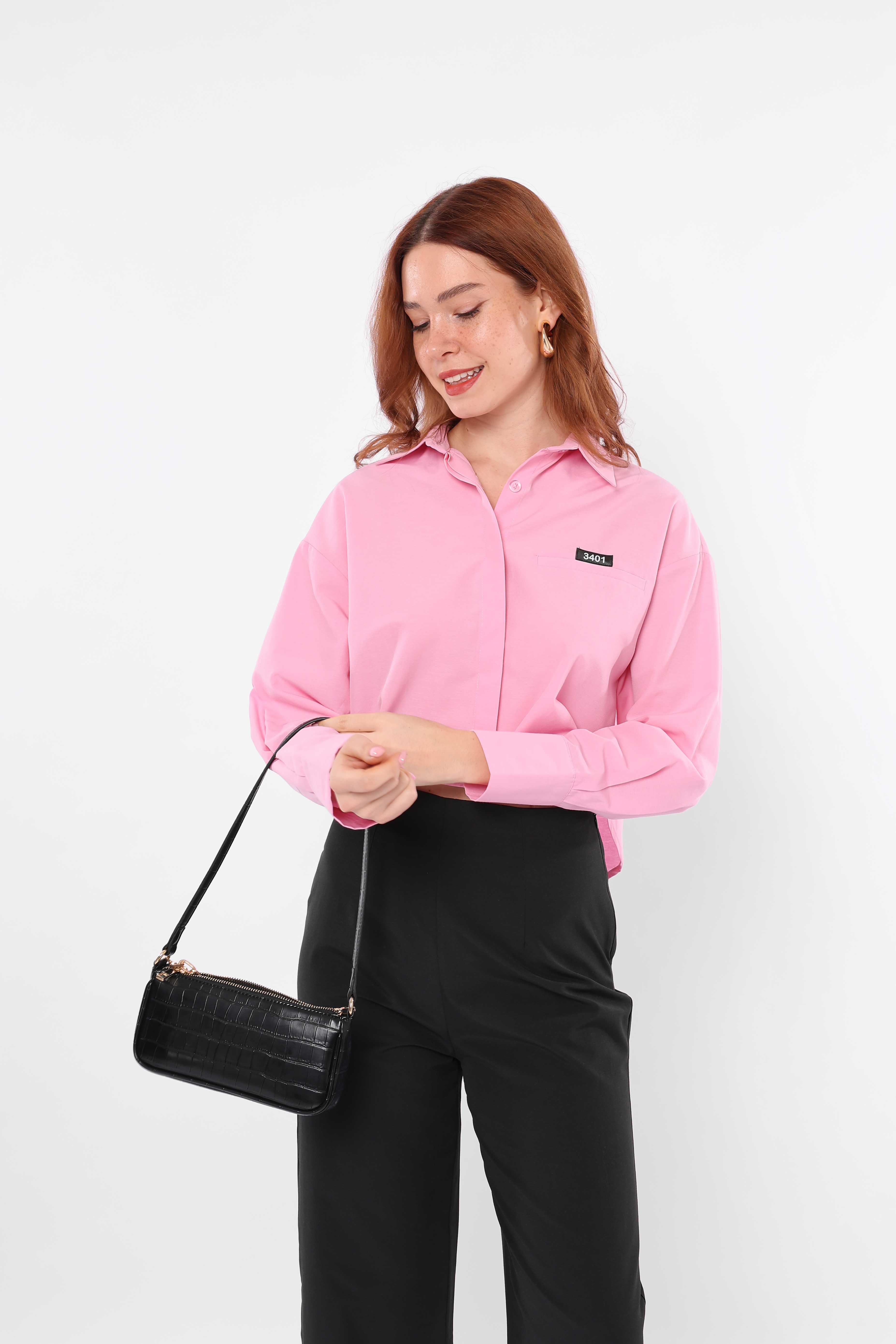Toptan Rakam Detaylı Crop Gömlek Şeker Pembe