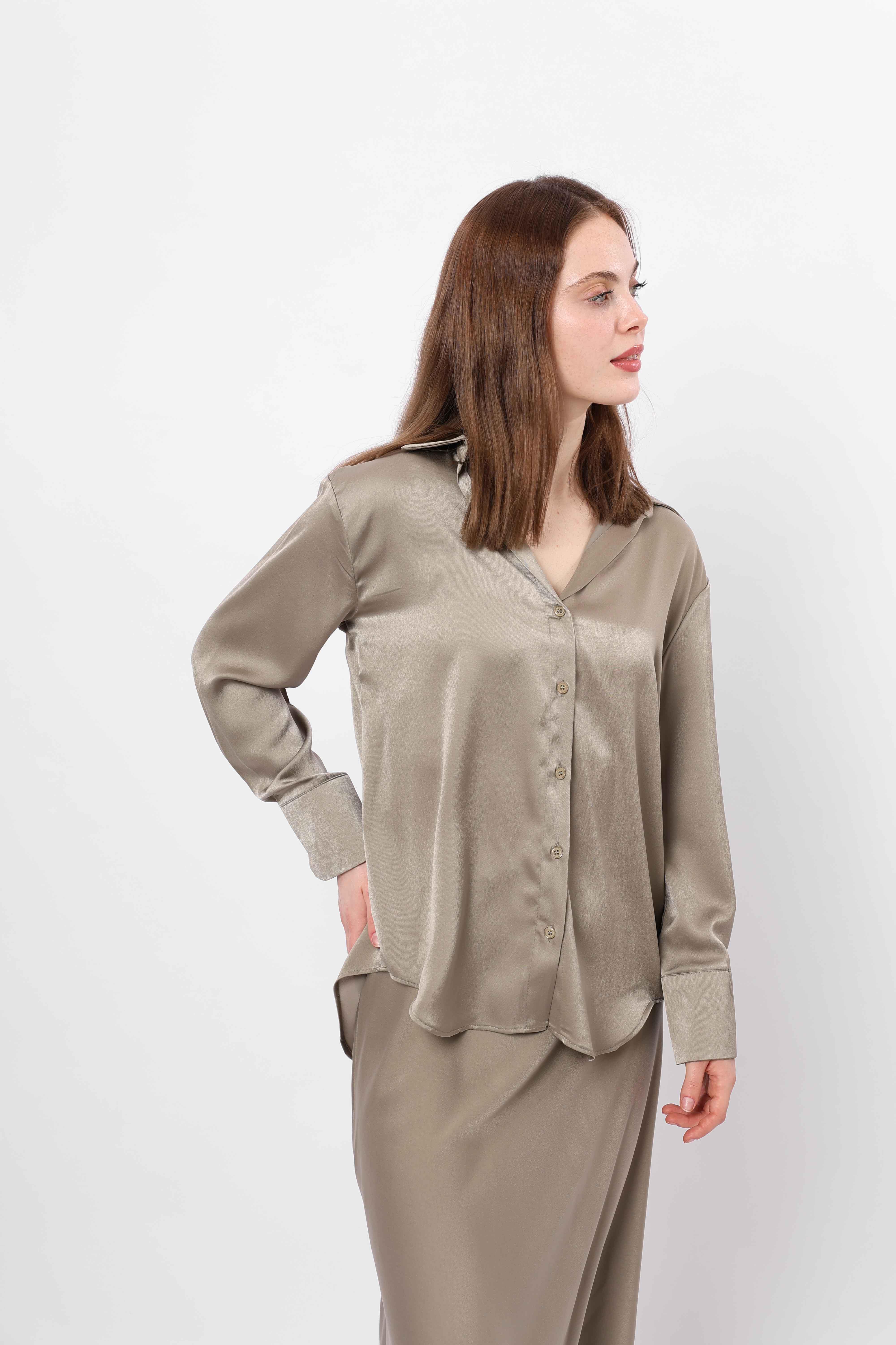 Toptan Saten Basic Gömlek Haki