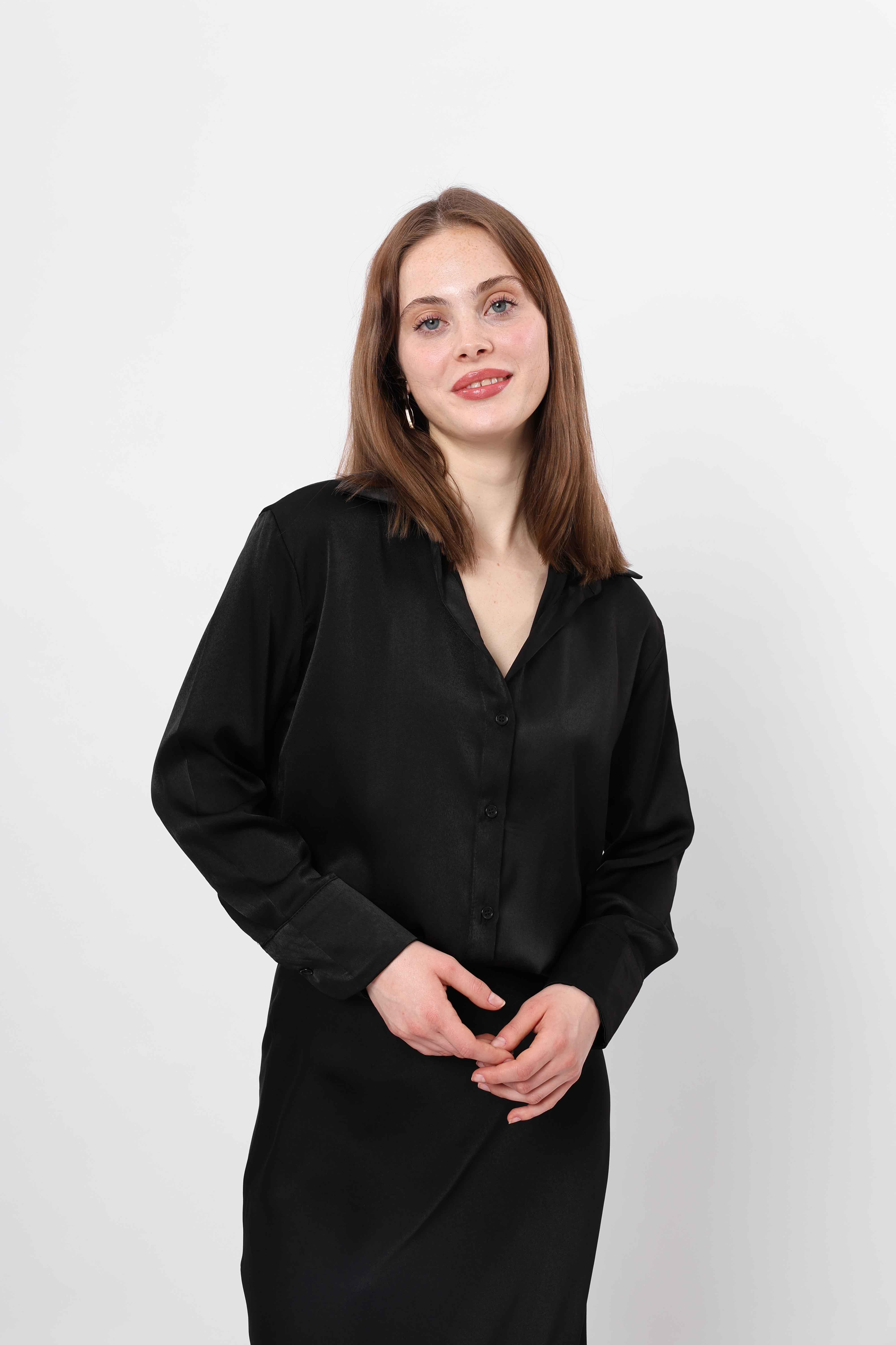 Toptan Saten Basic Gömlek Siyah