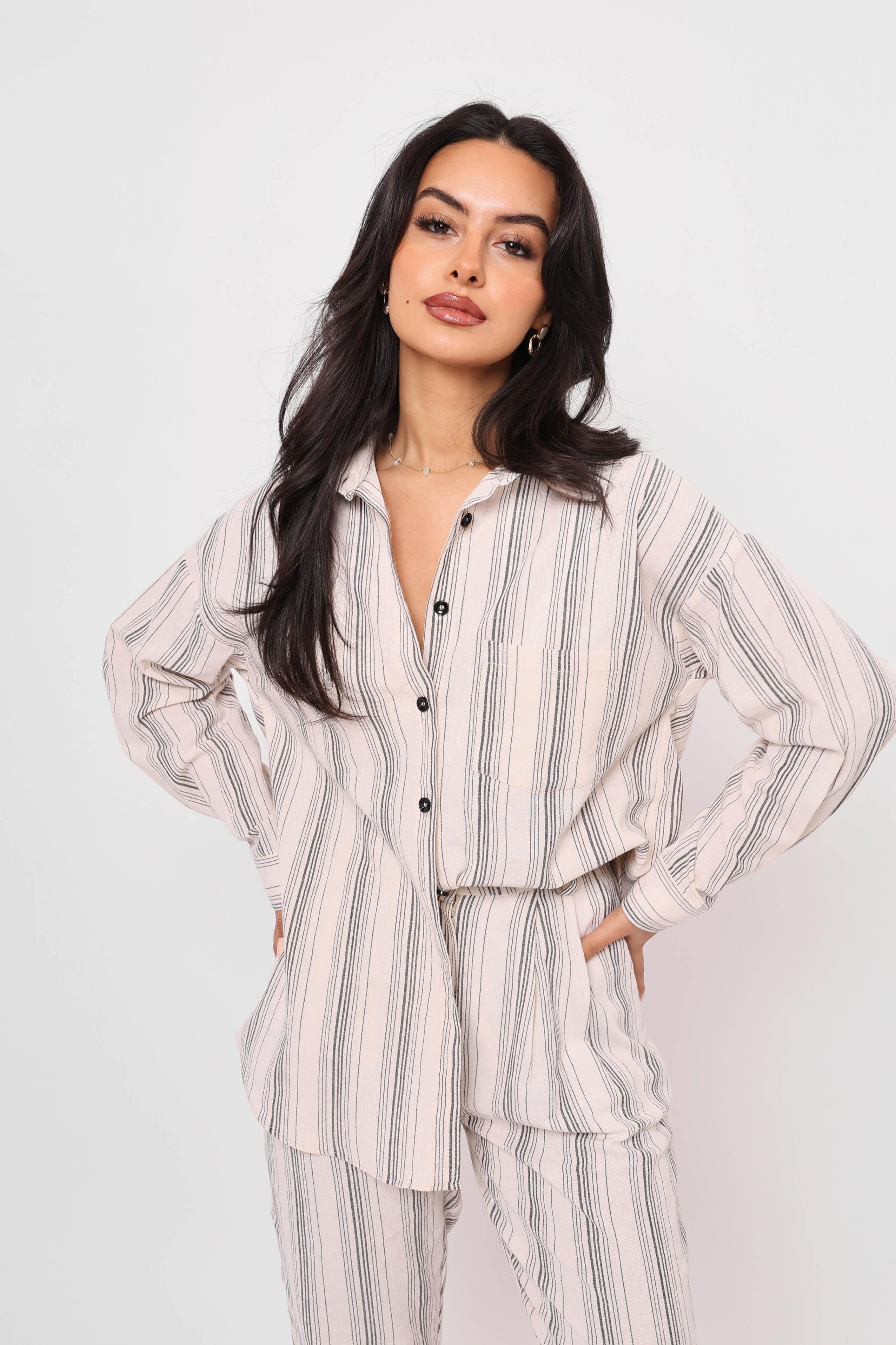 Toptan Tek Cepli Çizgili Gömlek Taş