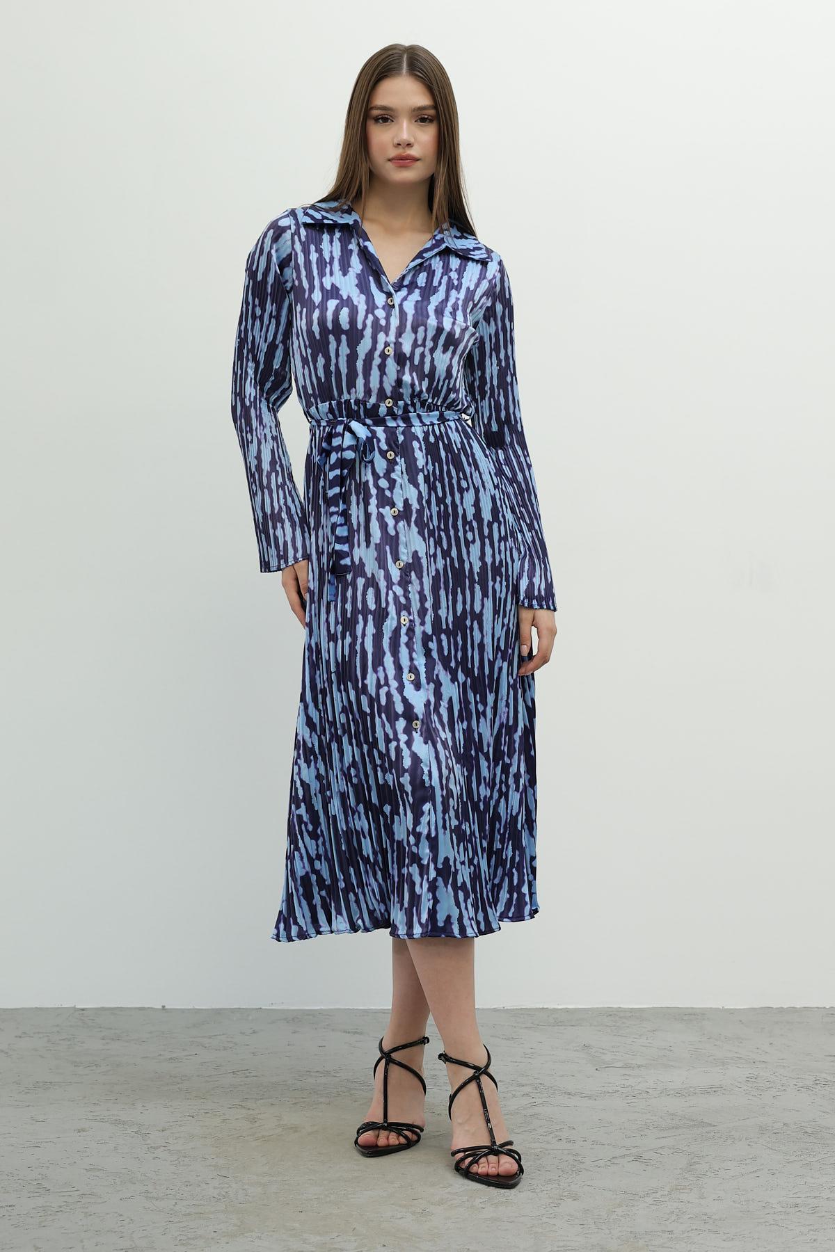 mavi pliseli elbise - Mavi