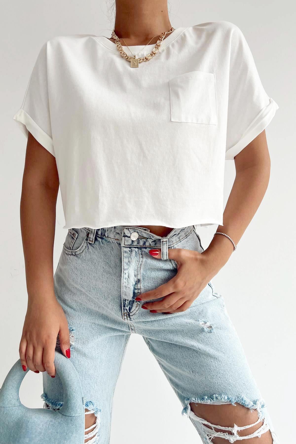 Cep Detaylı Basic Tişört Beyaz