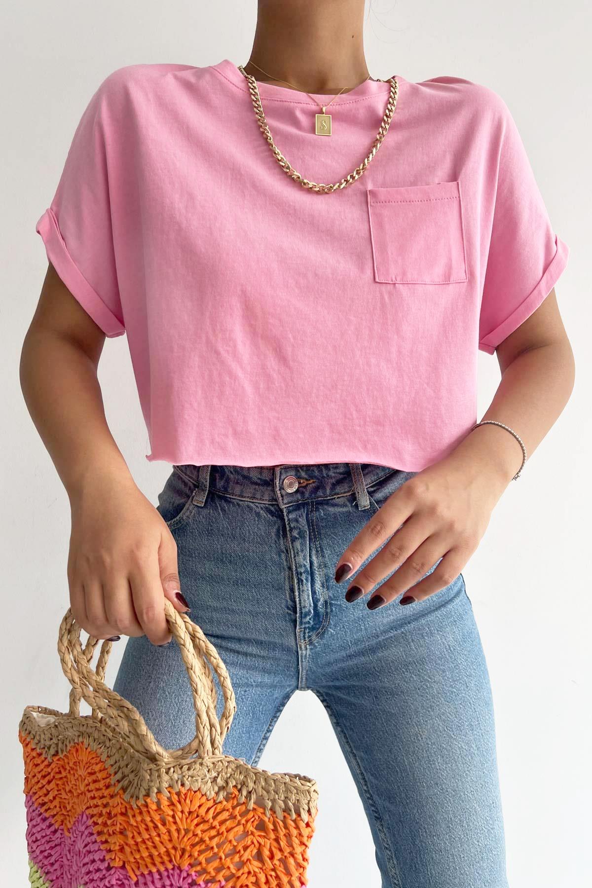 Cep Detaylı Basic Tişört Pembe