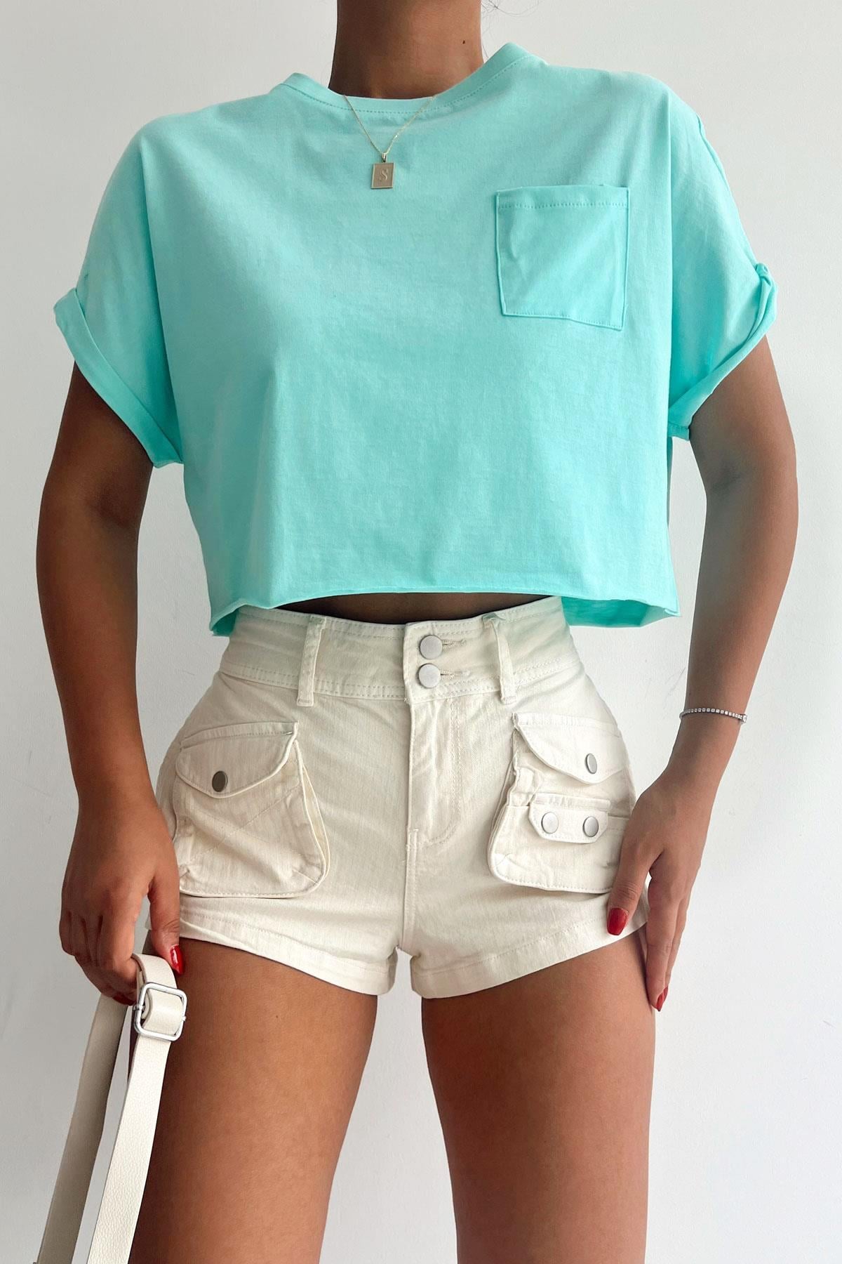 Cep Detaylı Basic Tişört Yeşil