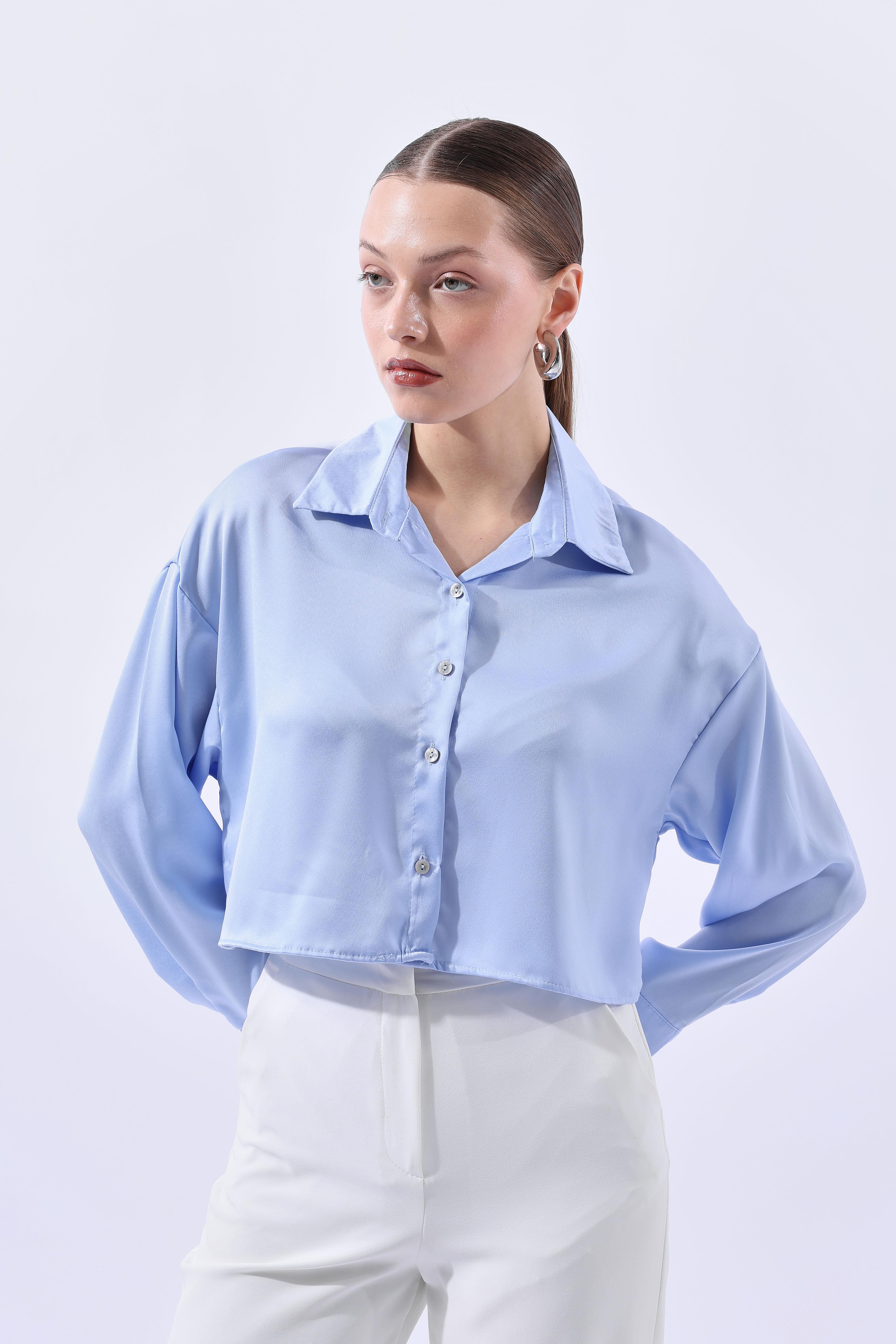 Toptan Saten Crop Gömlek Bebe Mavisi